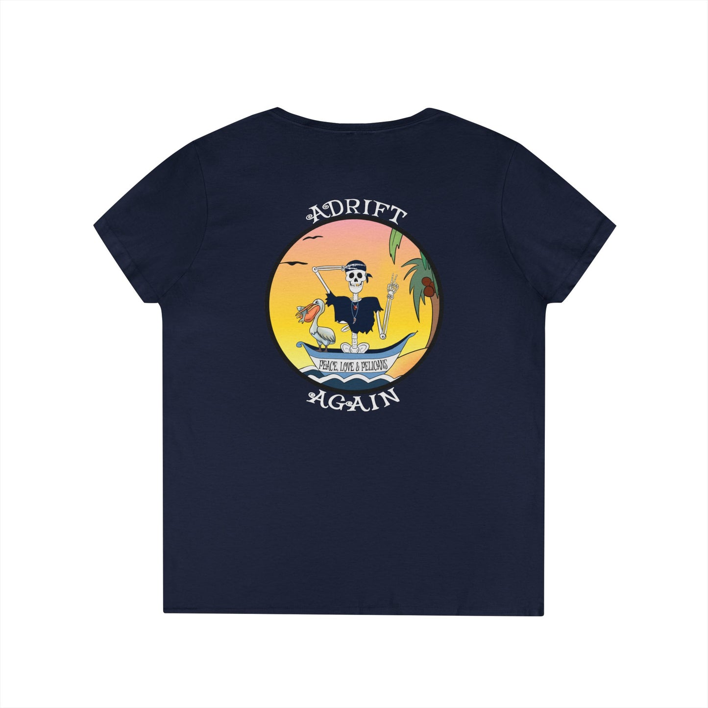 Peace, Love & Pelicans, Women's V-Neck T-Shirt, in Navy