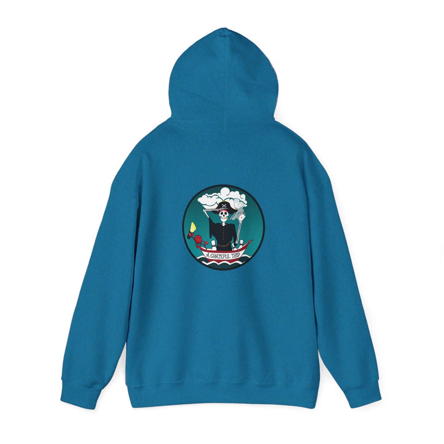 A Grateful Trip, The Classic All Day Hooded Sweatshirt, White, Indigo Blue, Antique Sapphire, and Cherry Red