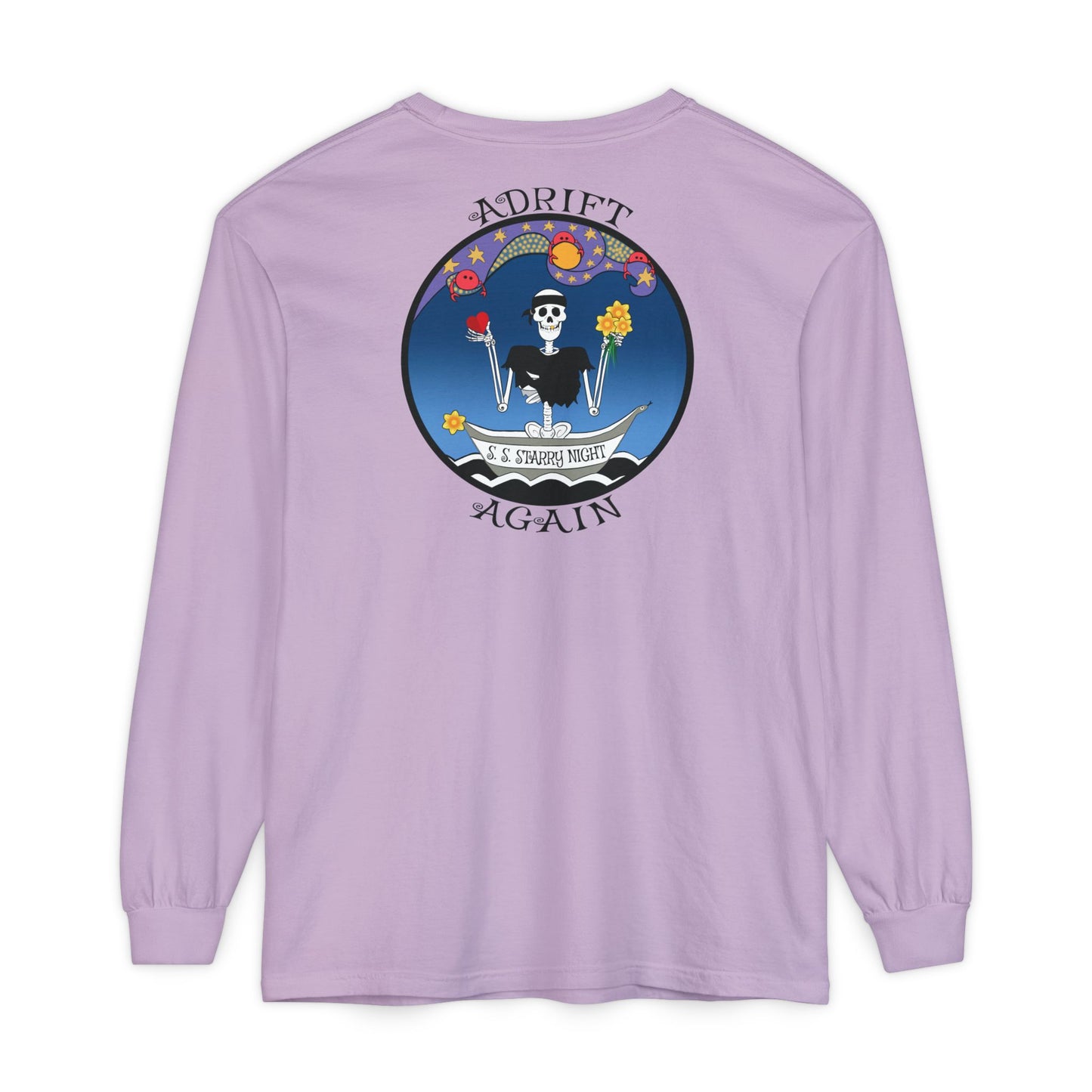 S. S. Starry Night, Unisex Garment-dyed Long Sleeve T-Shirt, Flo Blue, Orchid, Violet, Butter, Melon, White, Granite & Black