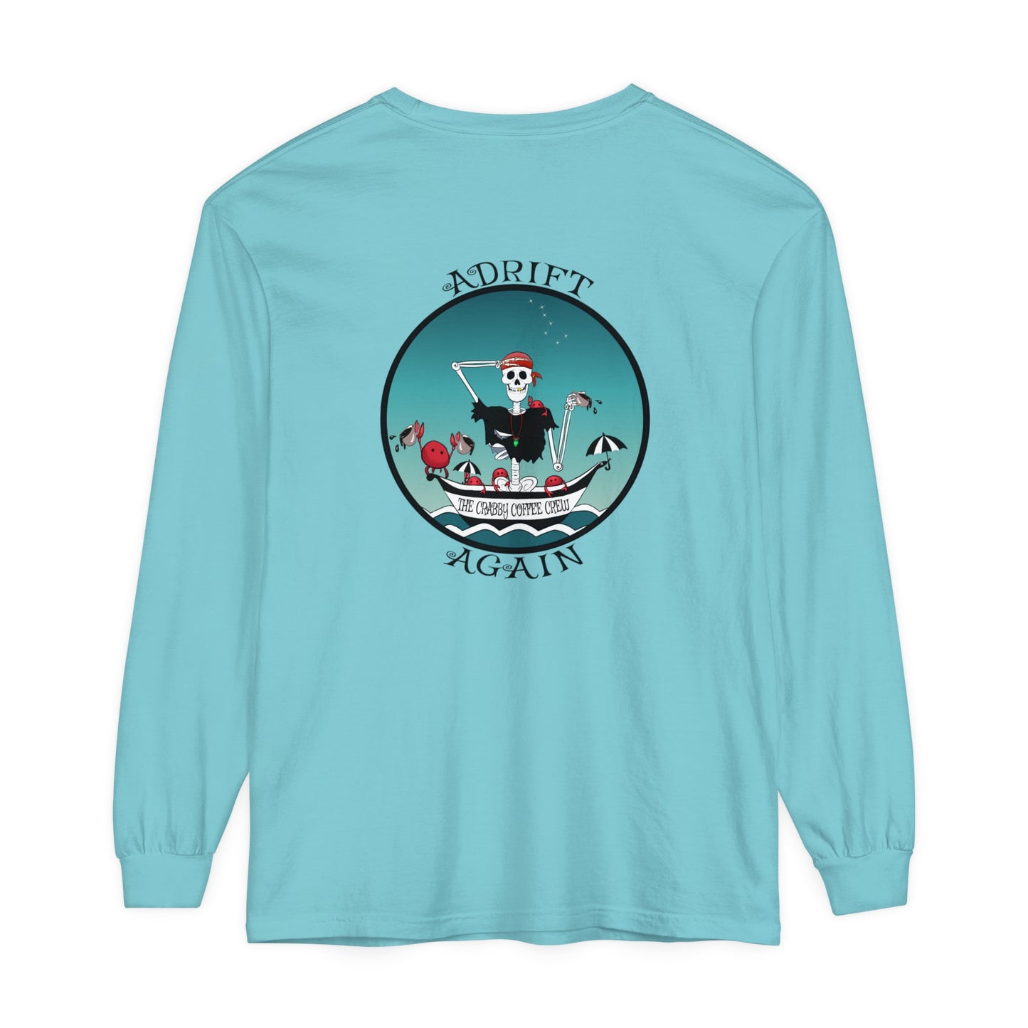 The Crabby Coffee Crew Unisex Garment-dyed Long Sleeve T-Shirt, in Mint, Black & Seafoam