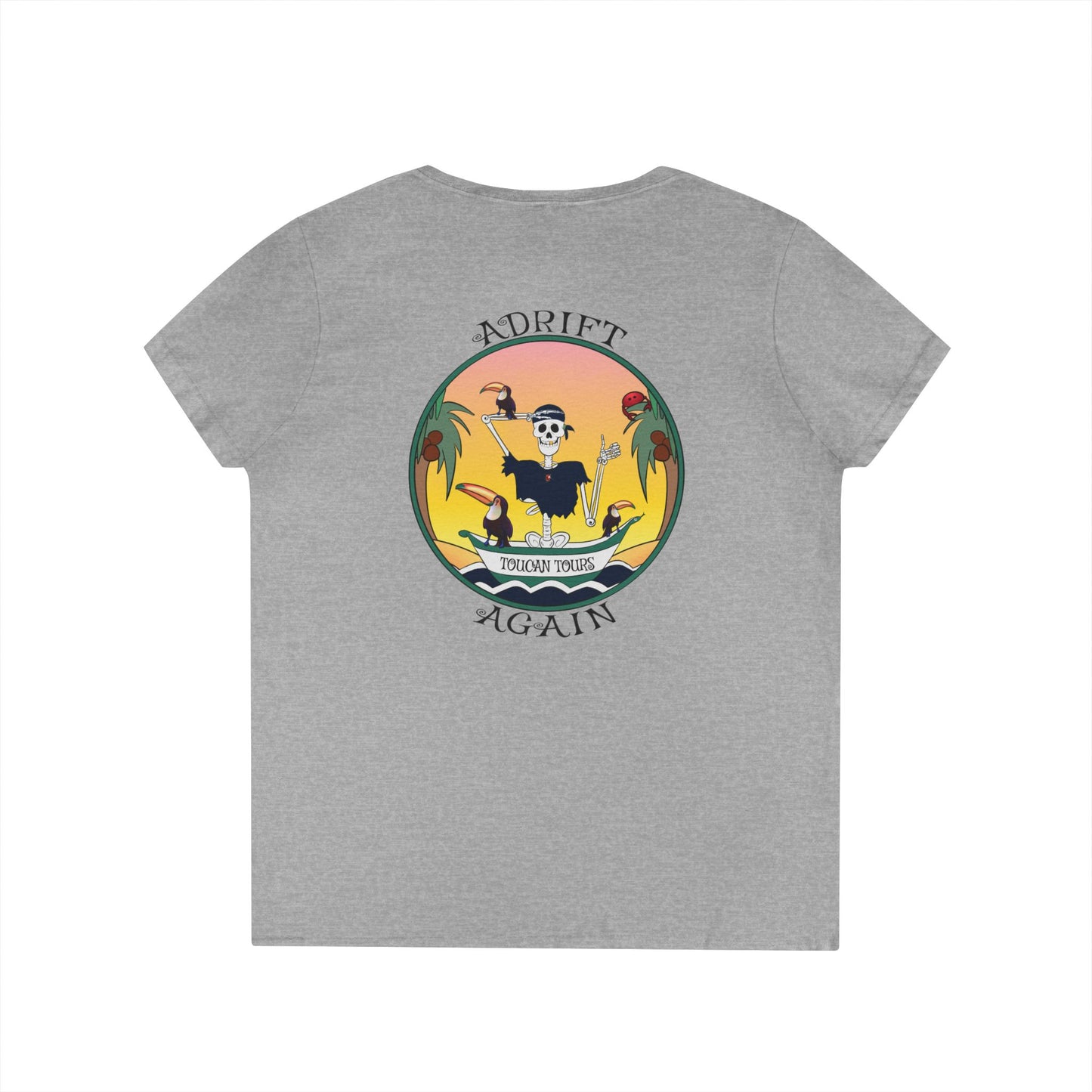 Toucan Tours, Women's V-Neck T-Shirt, in Coral Silk, Sport Grey & White