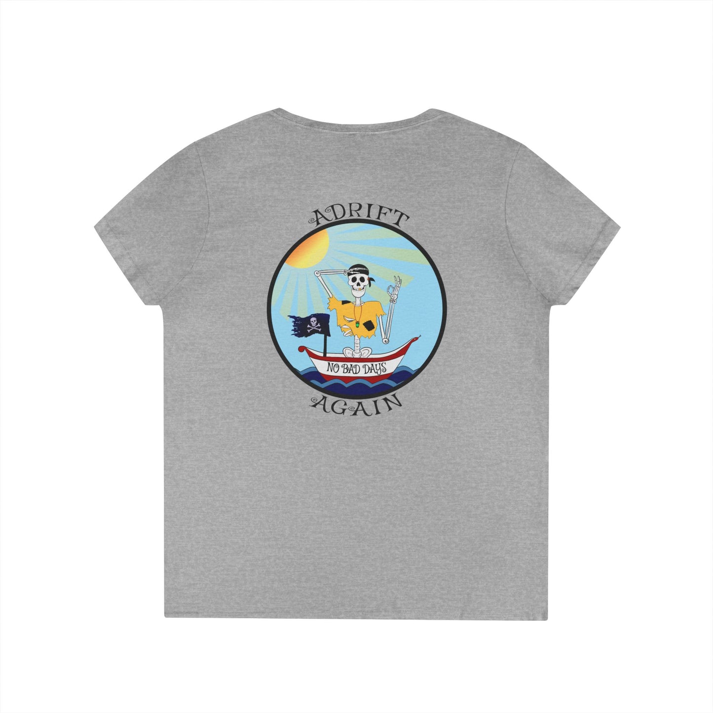 Adrift Again No Bad Days, Women's V-Neck T-Shirt, in Royal, Sport Grey, White & Red