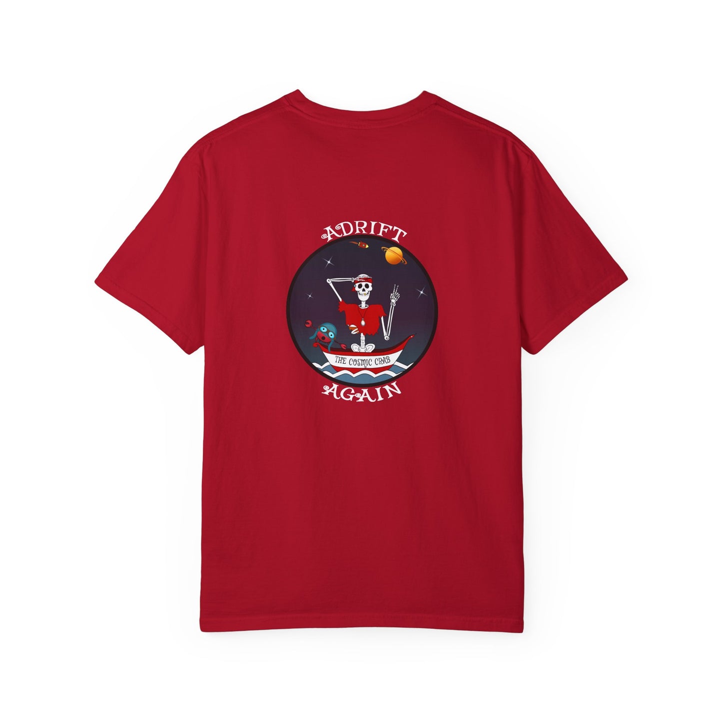 The Cosmic Crab, Unisex Garment-Dyed, Short Sleeve T-shirt, In Blue Jean, Black, Red, Citrus & White