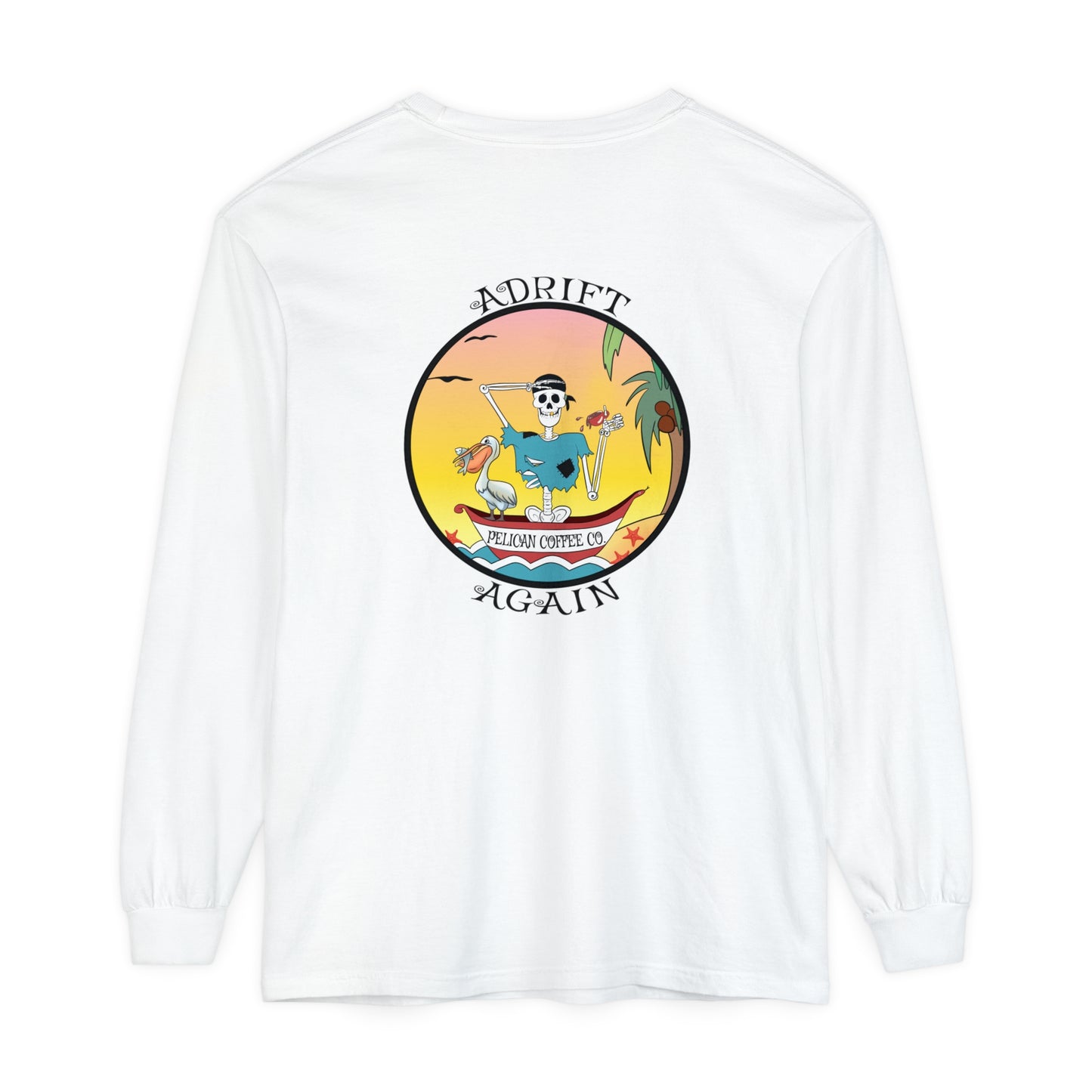 Pelican Coffee Co. Unisex Garment-dyed Long Sleeve T-Shirt, in White, Chalky Mint & Black