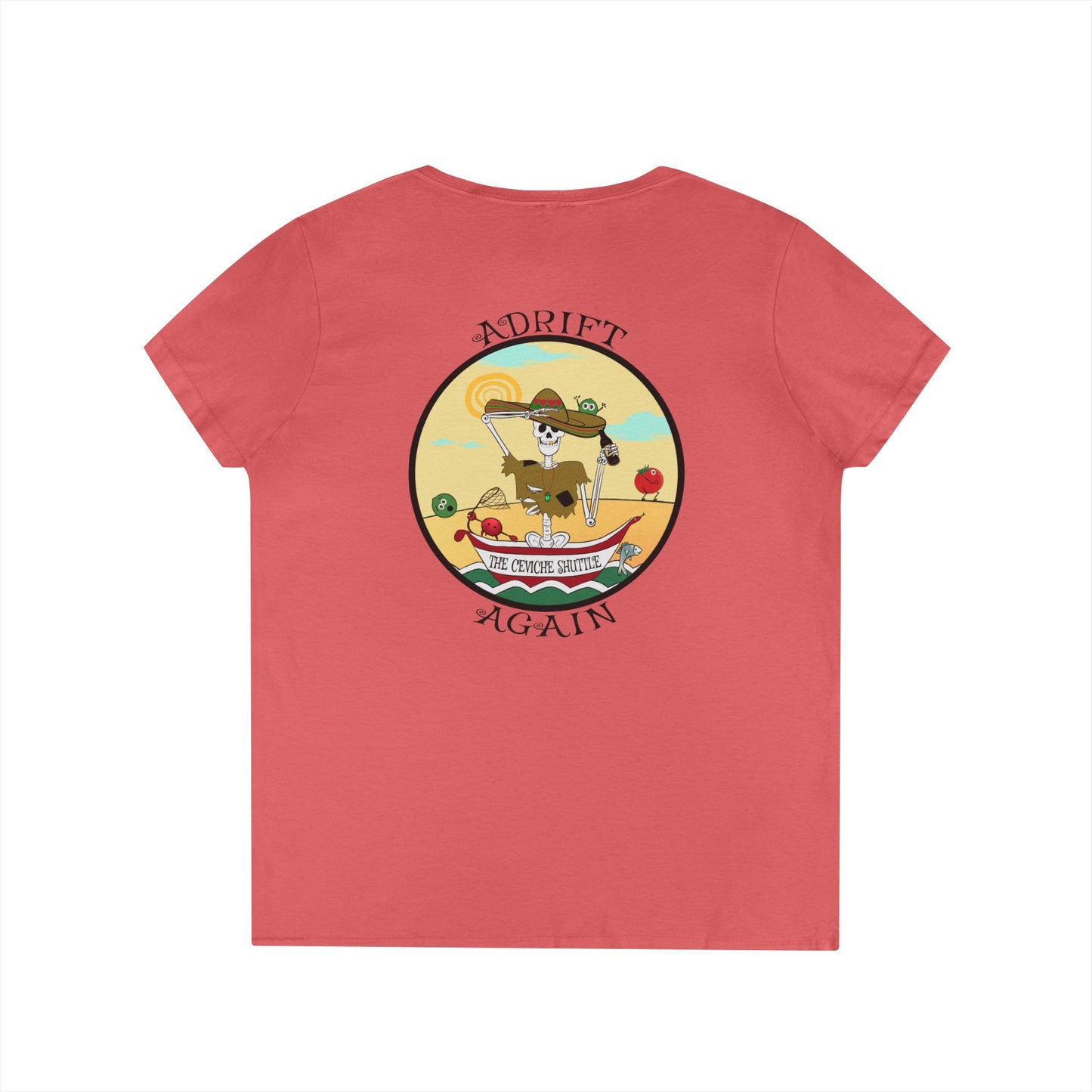 The Ceviche Shuttle, Women's V-Neck T-Shirt, in Sapphire, Red, Graphite Heather, White, Charcoal & Coral Silk
