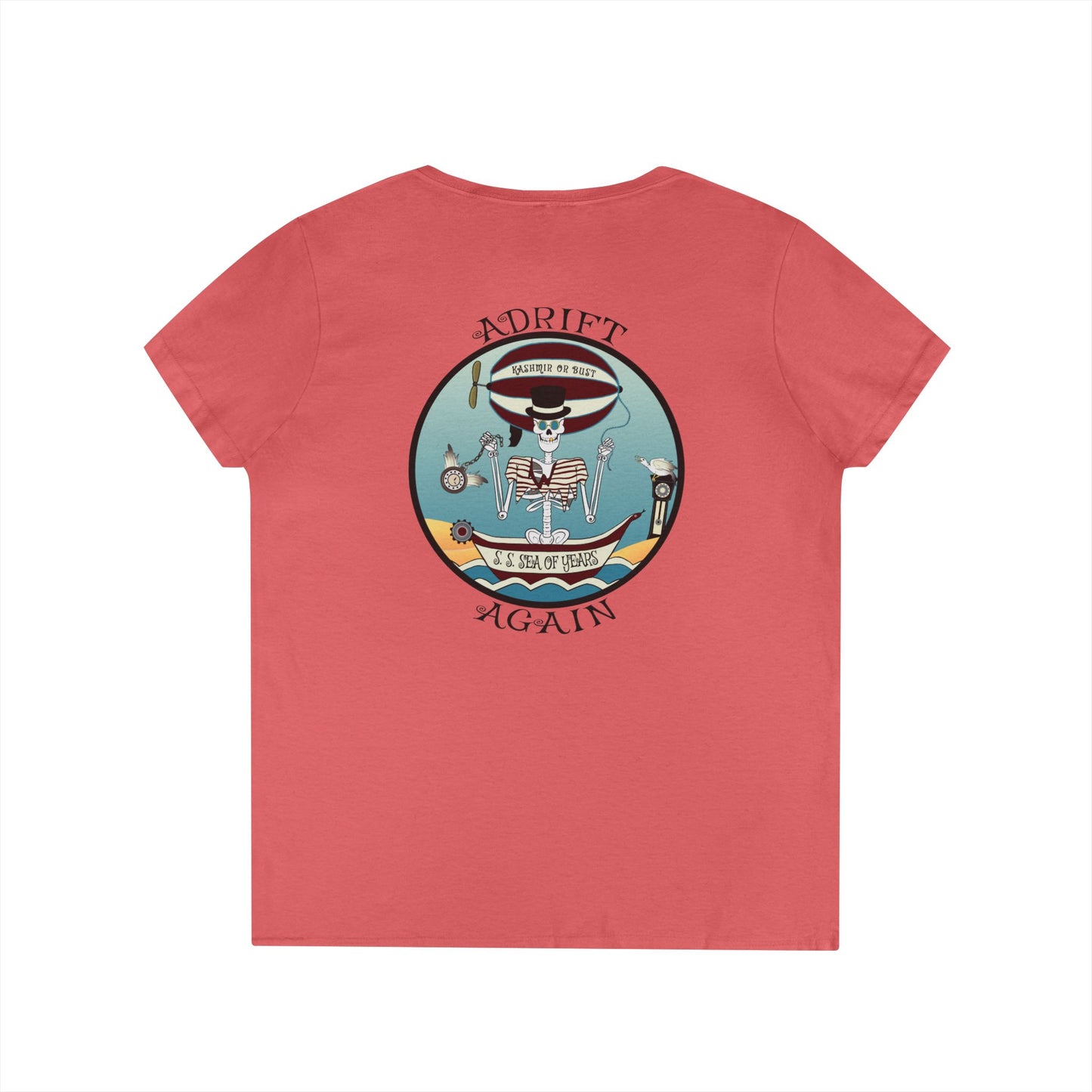 S. S. Sea Of Years, Women's V-Neck T-Shirt, in Sport Grey, Sapphire, and Coral Silk