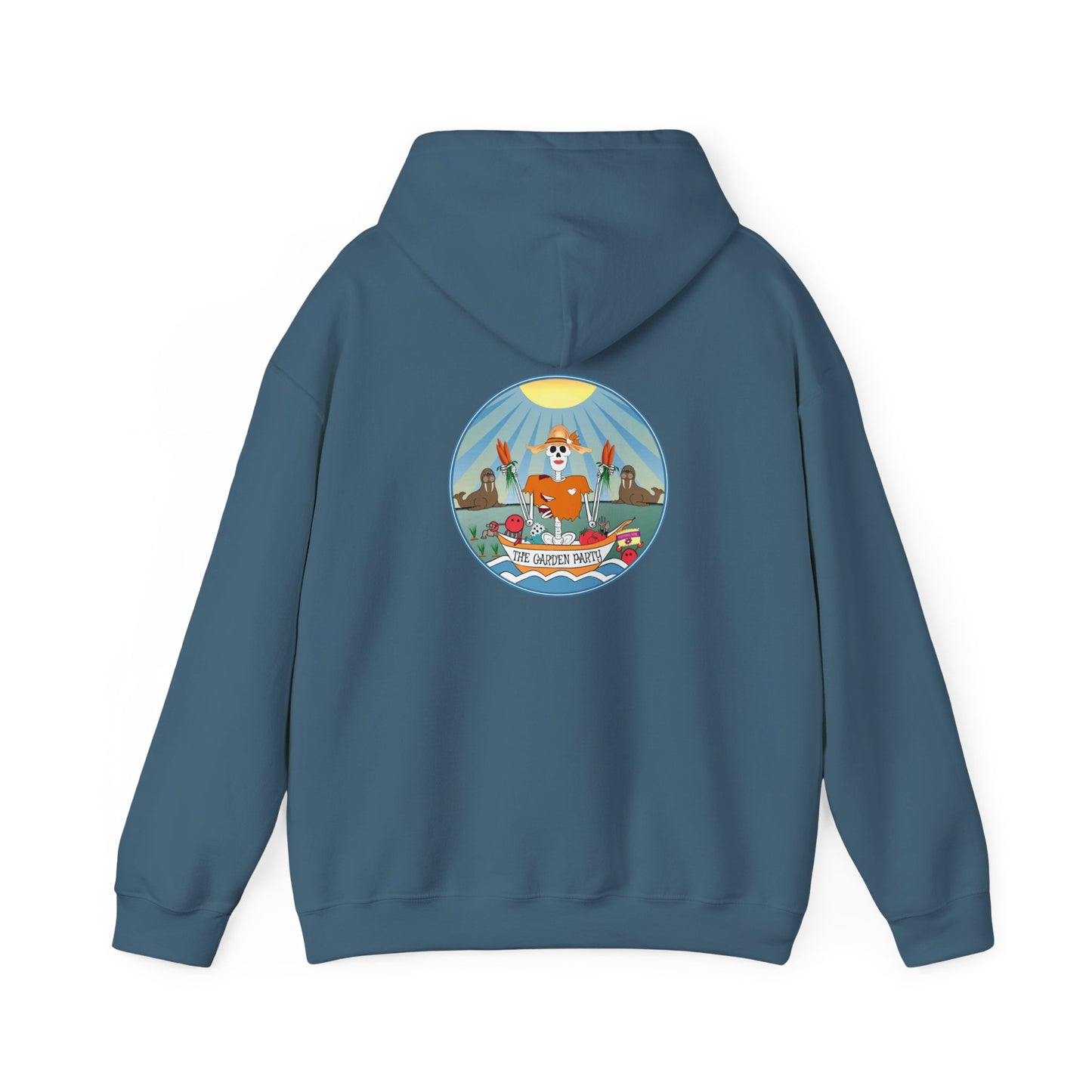 The Garden Party, The Classic All Day Hooded Sweatshirt in Heliconia, Indigo Blue & Antique Sapphire