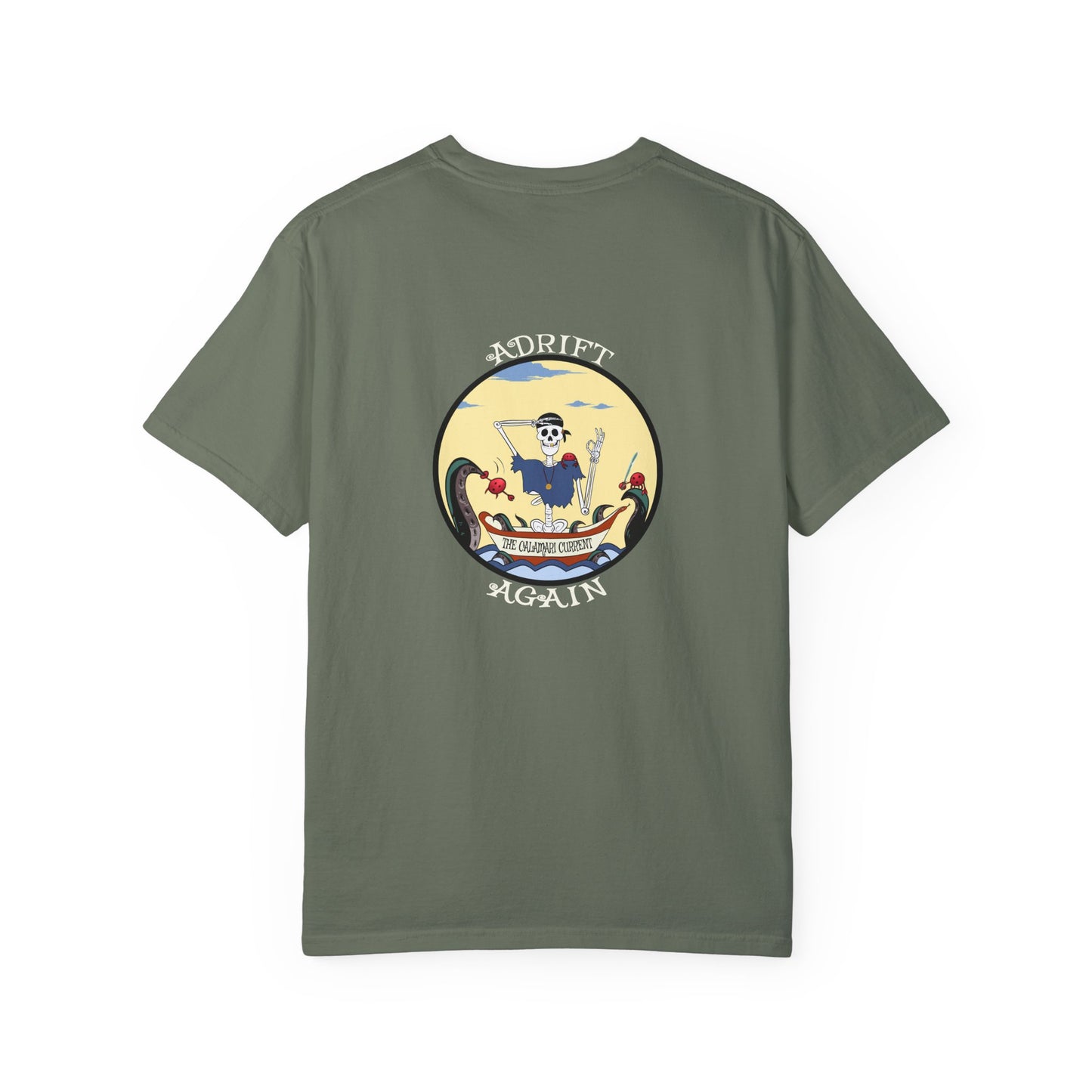 The Calamari Current, Unisex Garment-Dyed, Short Sleeve T-shirt, In China Blue, Banana, Moss, Khaki, White & Black