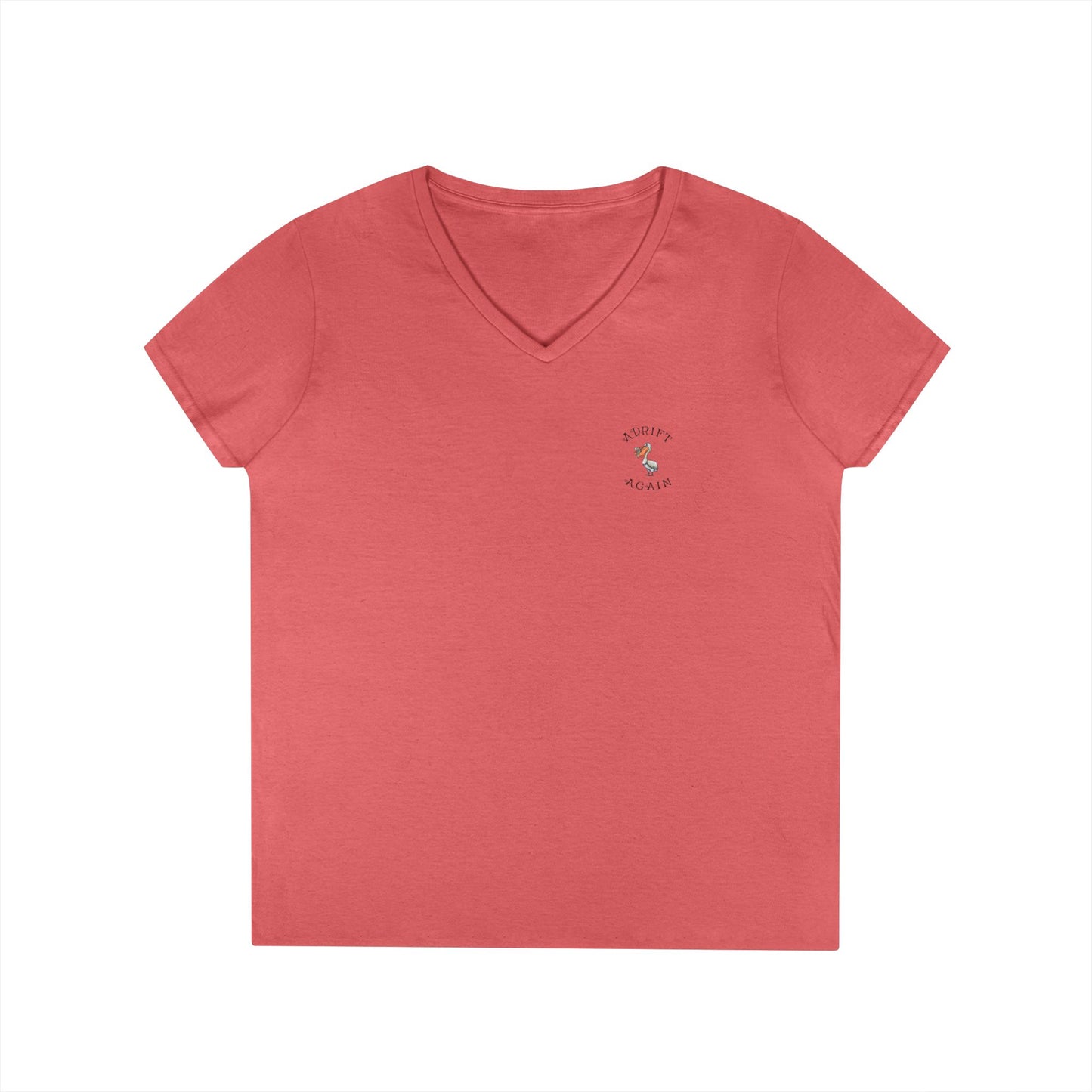 Pelican Coffee Co. Women's V-Neck T-Shirt, in Sapphire, White, Red, Graphite Heather & Coral Silk