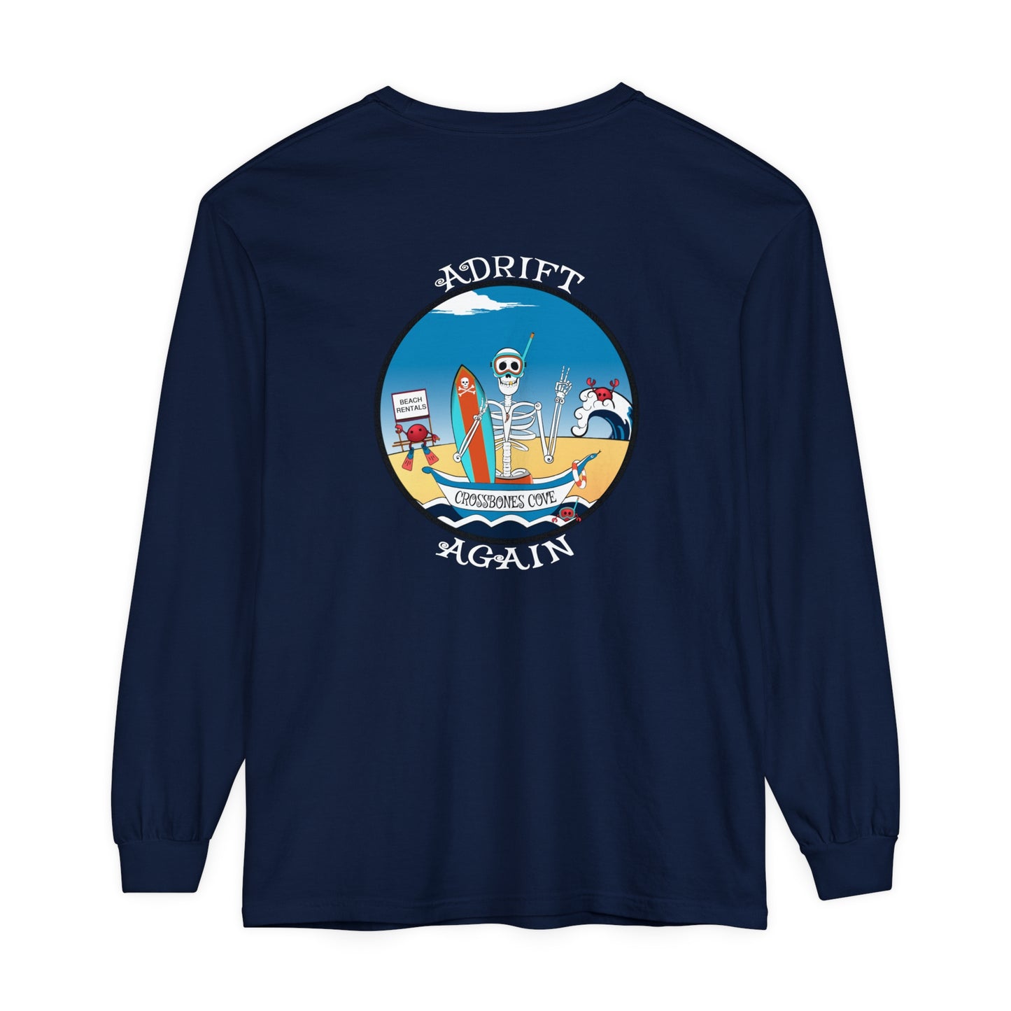 Crossbones Cove Unisex Garment-dyed Long Sleeve T-Shirt, Melon, White, Black, True Navy & Butter