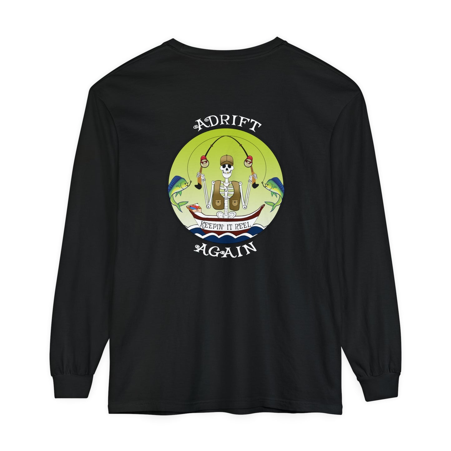 Keepin' It Reel Unisex Garment-dyed Long Sleeve T-Shirt, Seafoam, True Navy, Pepper, Black & Midnight