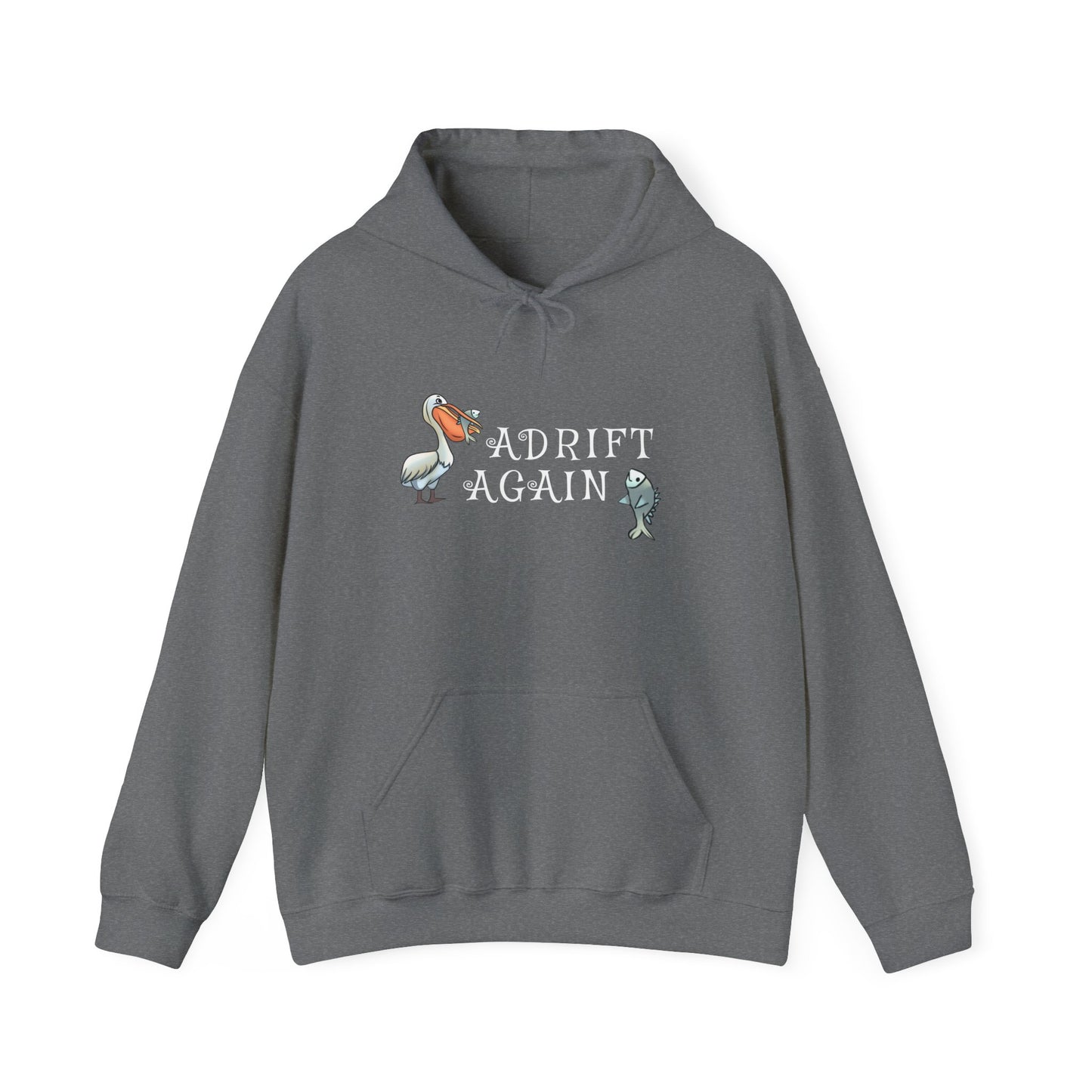 Peace, Love & Pelicans, All Day Hooded Sweatshirt, in Graphite Heather & Indigo Blue