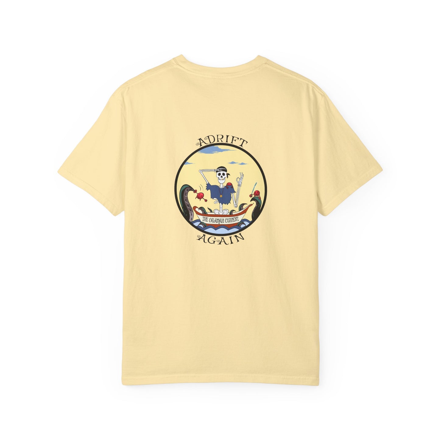 The Calamari Current, Unisex Garment-Dyed, Short Sleeve T-shirt, In China Blue, Banana, Moss, Khaki, White & Black