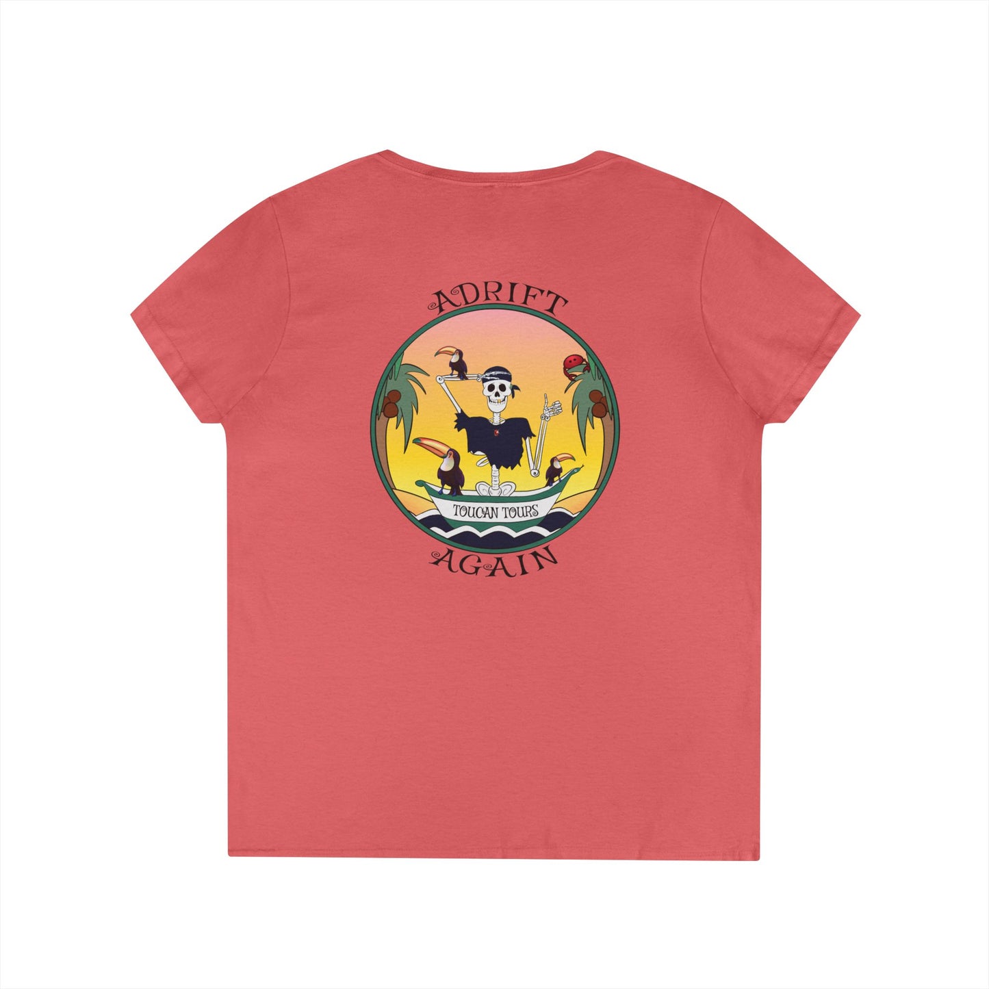 Toucan Tours, Women's V-Neck T-Shirt, in Coral Silk, Sport Grey & White
