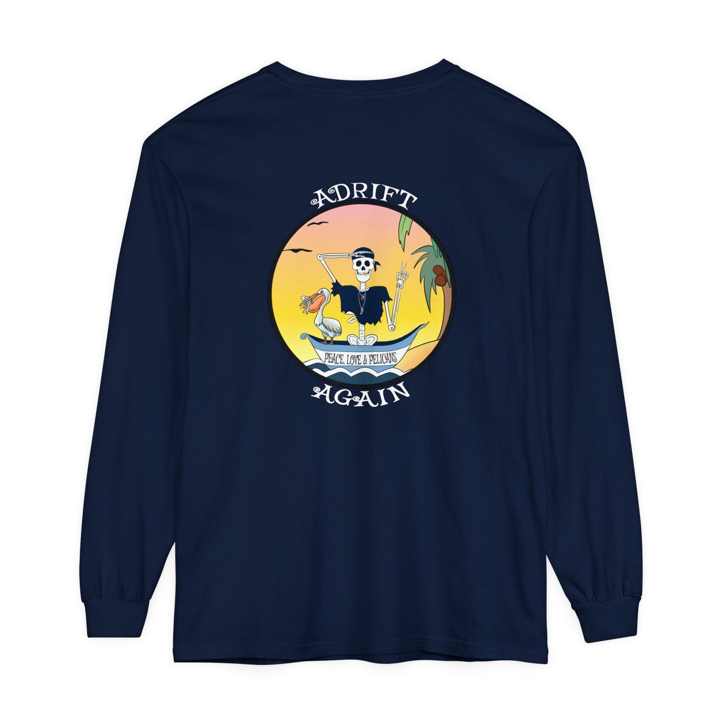 Peace, Love & Pelicans Unisex Garment-dyed Long Sleeve T-Shirt, in True Navy, Melon, Blue Jean & Black
