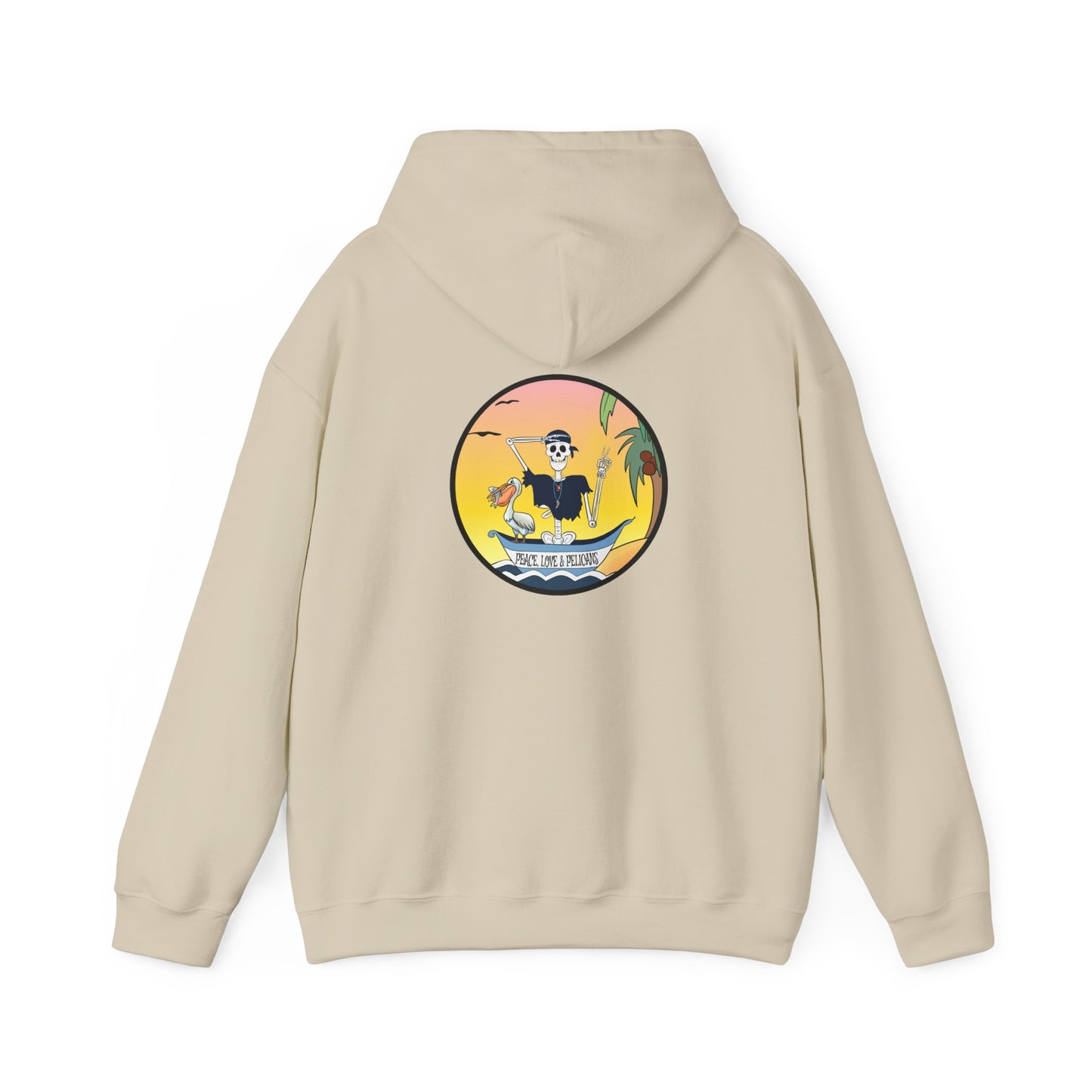 Peace, Love & Pelicans, The Classic All Day Hooded Sweatshirt, Carolina Blue, Sand, Black, White, and Navy