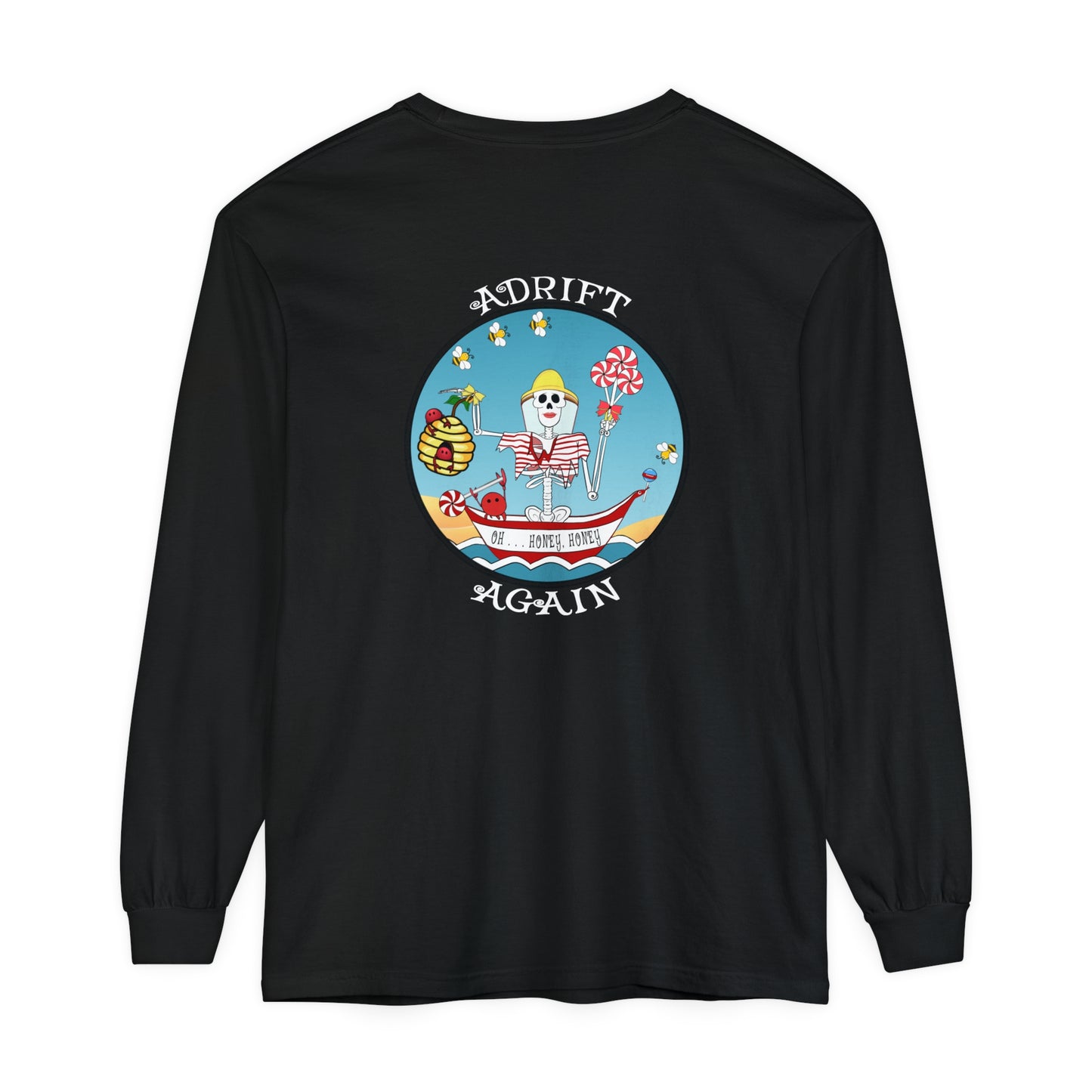 Oh . . . Honey, Honey Unisex Garment-dyed Long Sleeve T-Shirt, Red, Chambray, Butter, White & Black,
