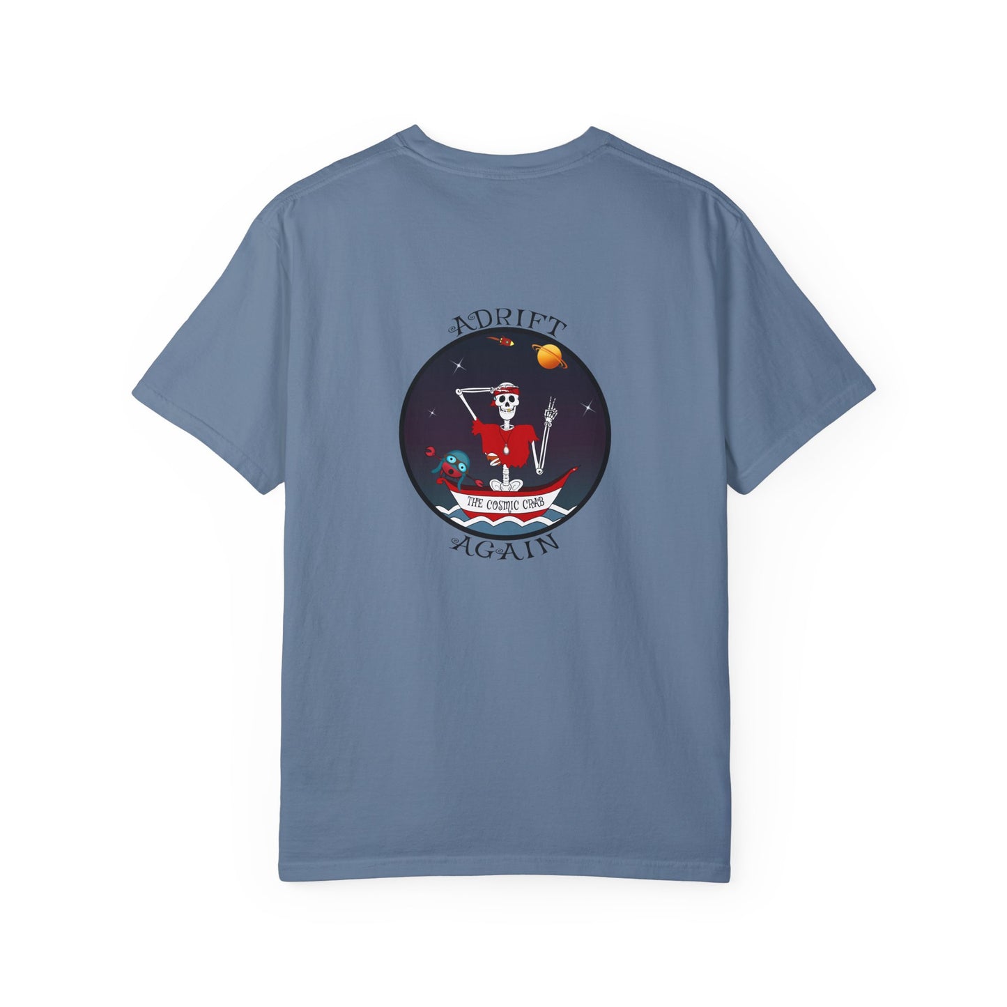 The Cosmic Crab, Unisex Garment-Dyed, Short Sleeve T-shirt, In Blue Jean, Black, Red, Citrus & White