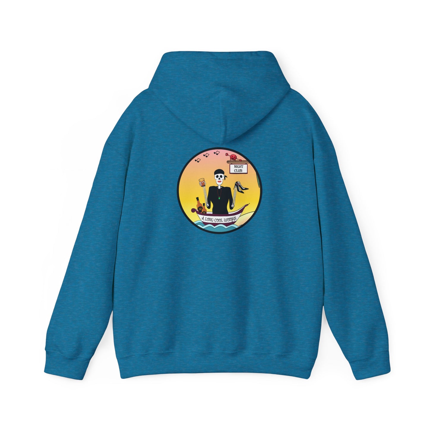 A Long Cool Woman, The Classic All Day Hooded Sweatshirt, Safety Pink, Safety Orange, Antique Sapphire, Cherry Red, and Black