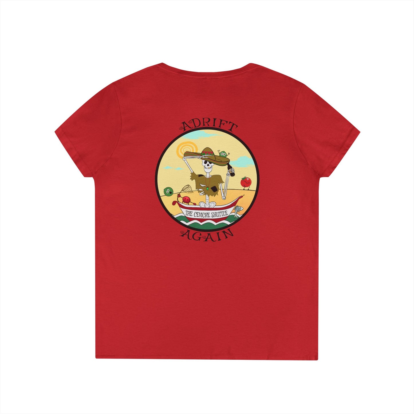 The Ceviche Shuttle, Women's V-Neck T-Shirt, in Sapphire, Red, Graphite Heather, White, Charcoal & Coral Silk