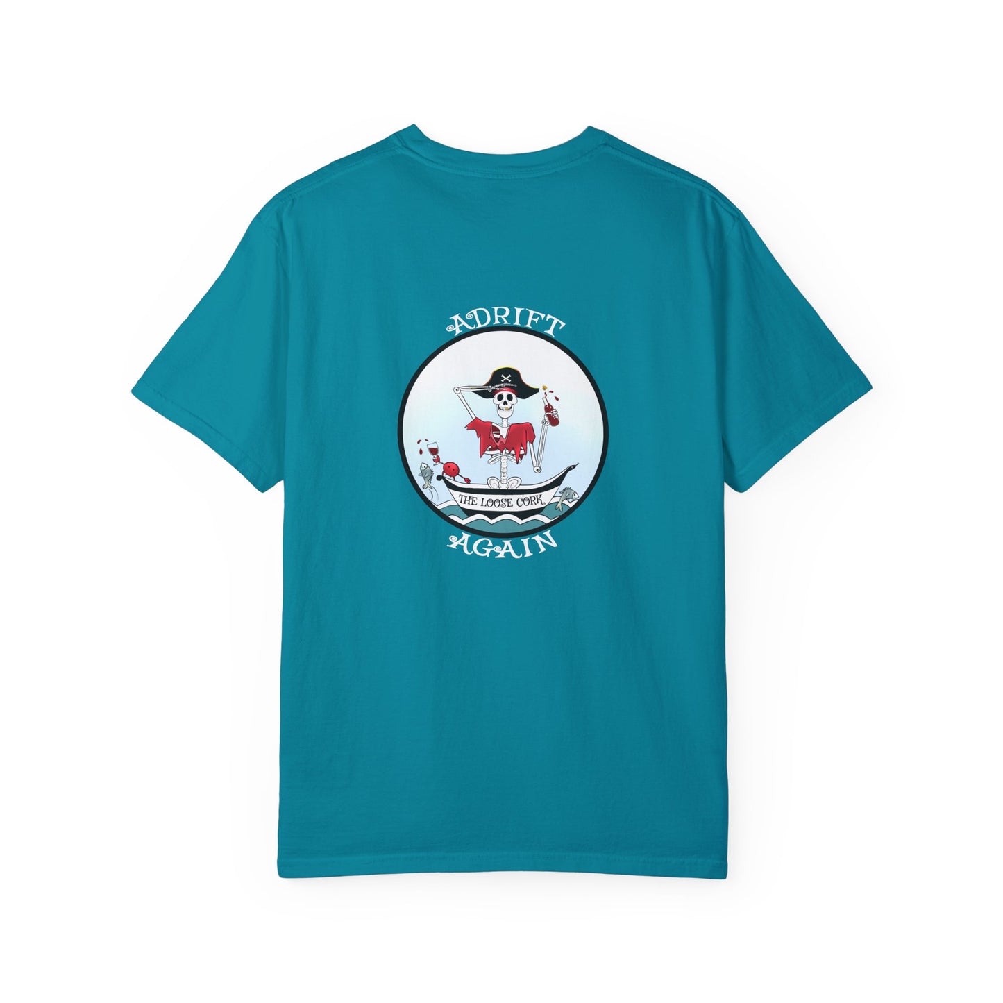 The Loose Cork, Unisex Garment-Dyed, Short Sleeve T-shirt, In Topaz Blue, Chambray, White, Black & Red