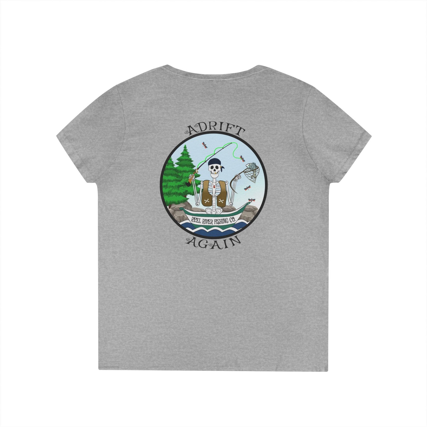 Reel River Fishing Co., Women's V-Neck T-Shirt, in Sport Grey & White