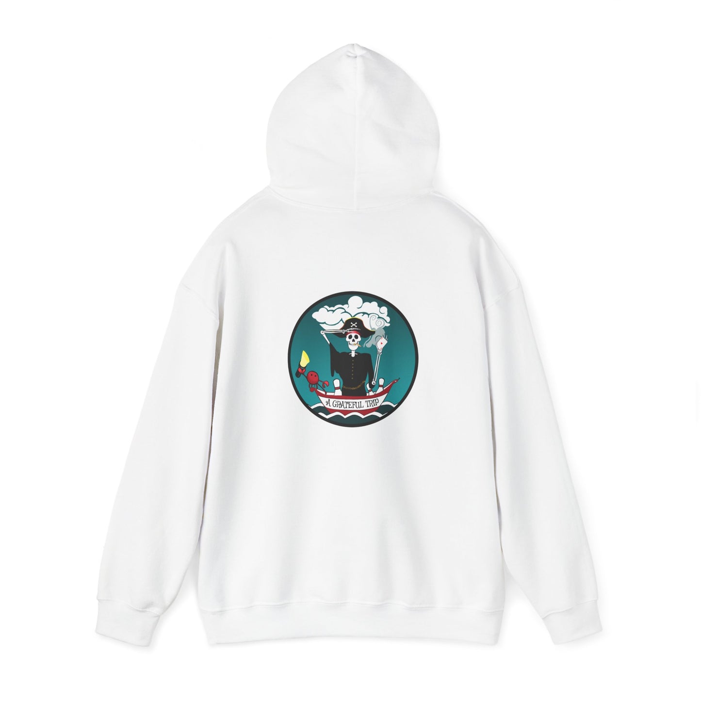 A Grateful Trip, The Classic All Day Hooded Sweatshirt, White, Indigo Blue, Antique Sapphire, and Cherry Red