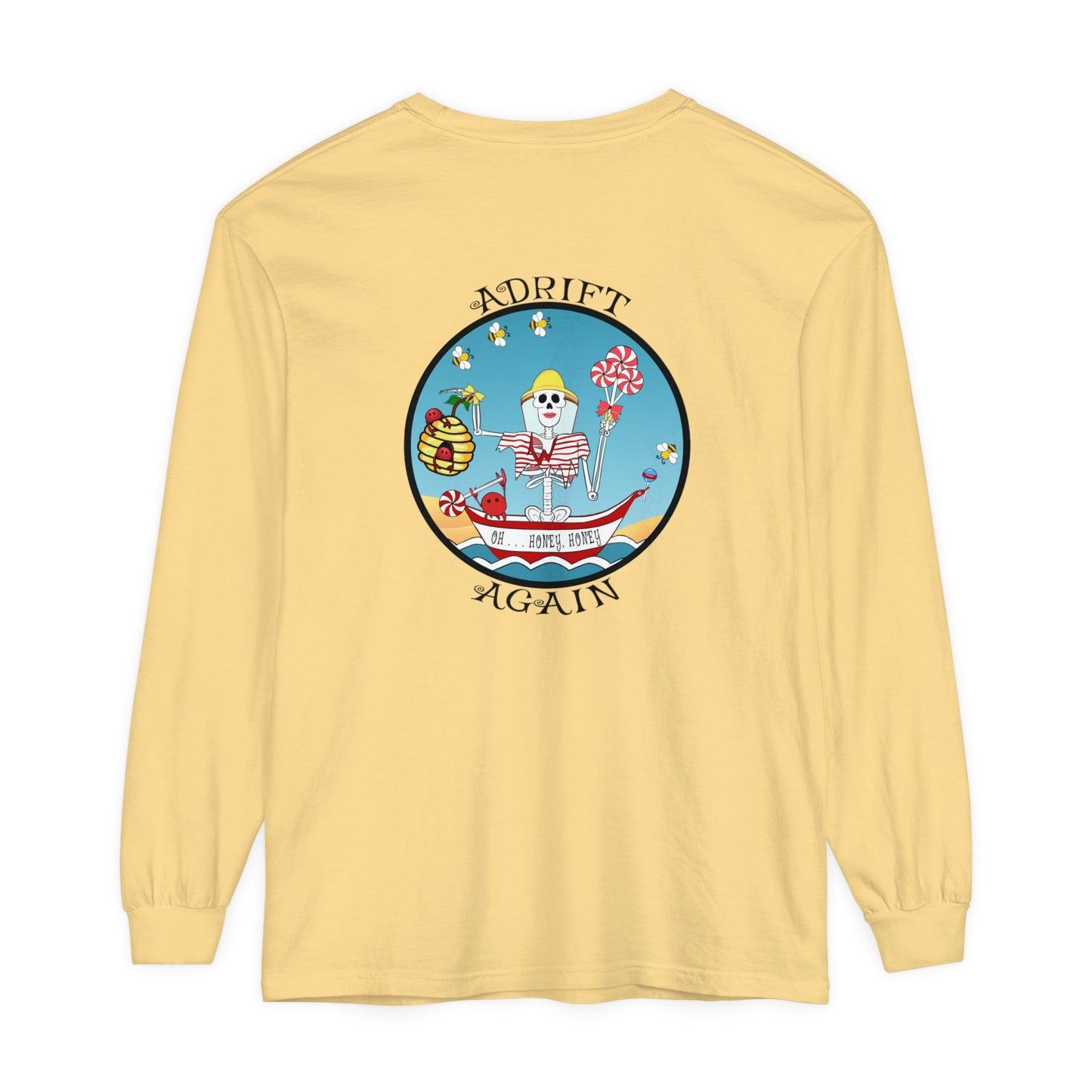Oh . . . Honey, Honey Unisex Garment-dyed Long Sleeve T-Shirt, Red, Chambray, Butter, White & Black,