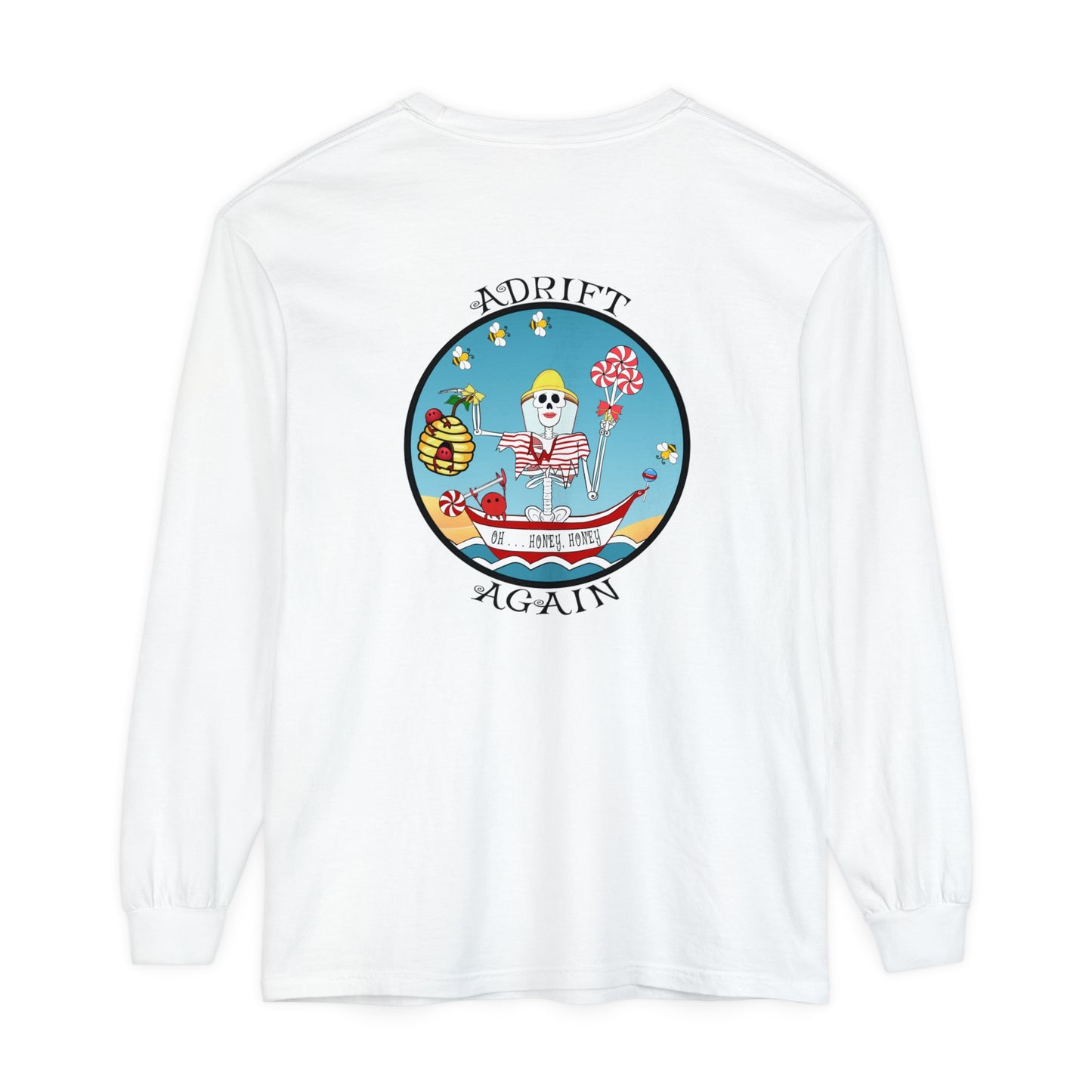 Oh . . . Honey, Honey Unisex Garment-dyed Long Sleeve T-Shirt, Red, Chambray, Butter, White & Black,