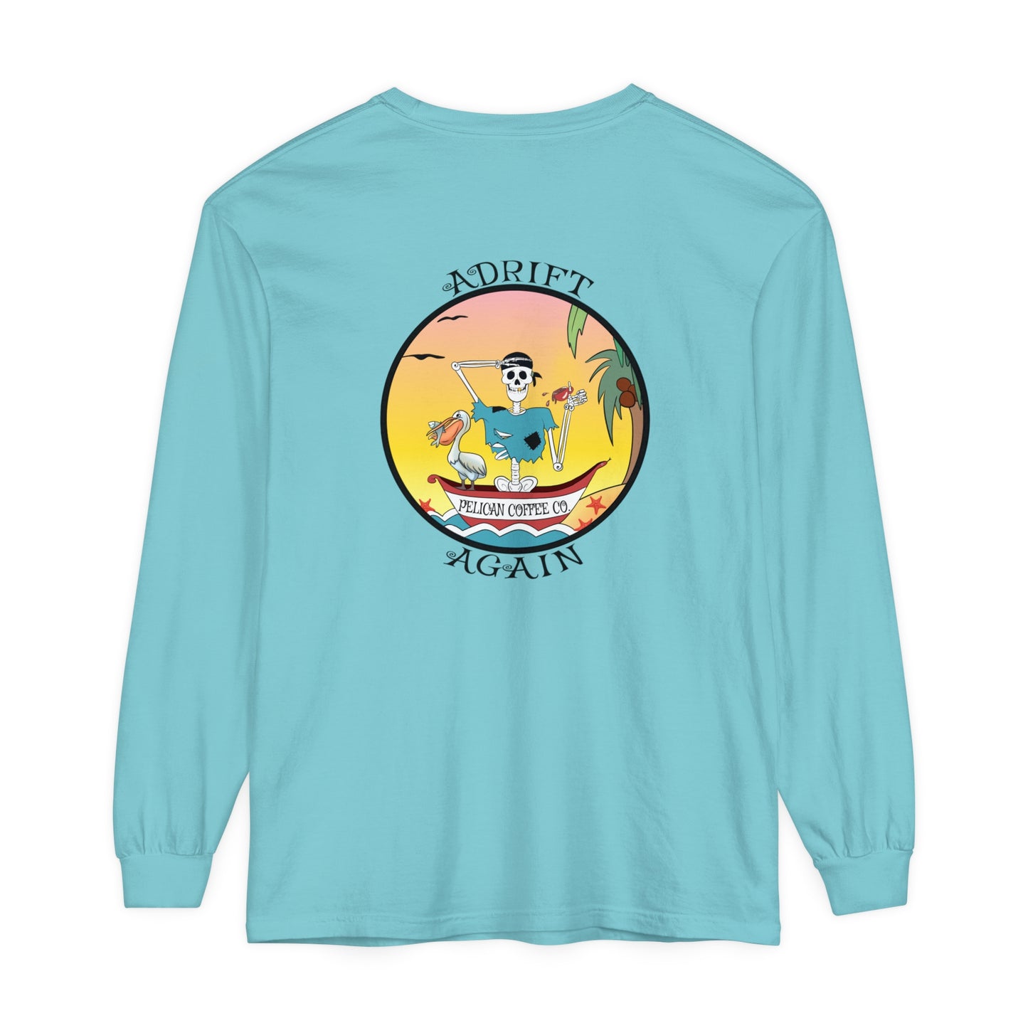 Pelican Coffee Co. Unisex Garment-dyed Long Sleeve T-Shirt, in White, Chalky Mint & Black