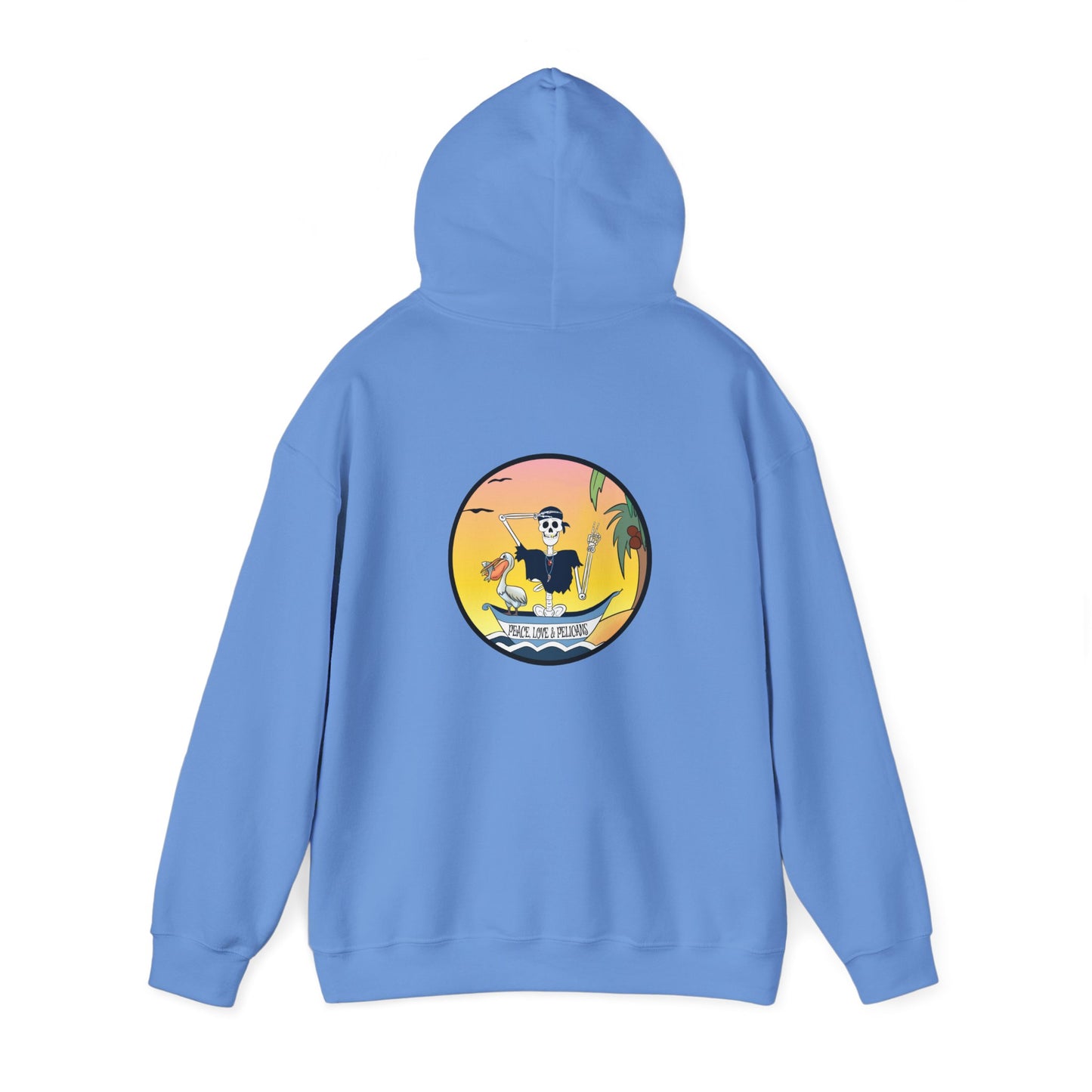 Peace, Love & Pelicans, The Classic All Day Hooded Sweatshirt, Carolina Blue, Sand, Black, White, and Navy