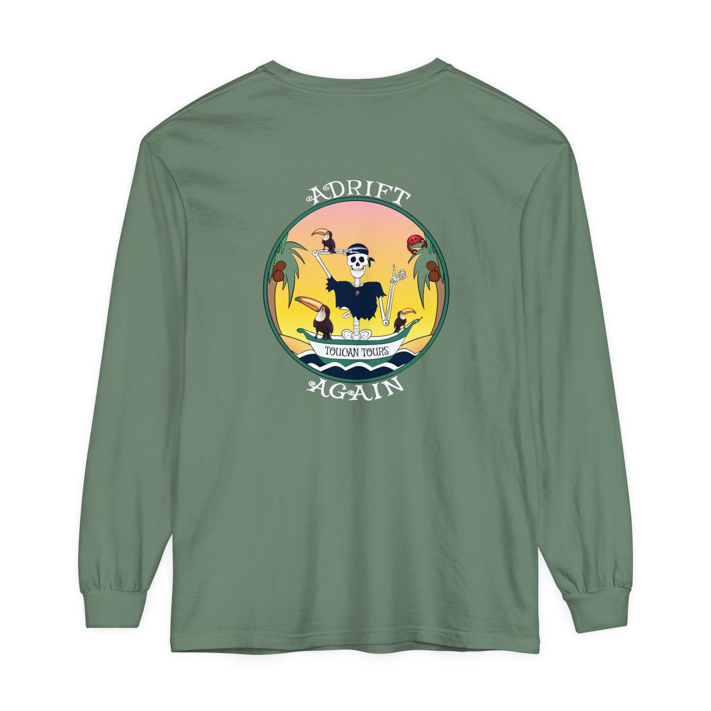Toucan Tours Unisex Garment-dyed Long Sleeve T-Shirt, True Navy, Light Green & Black