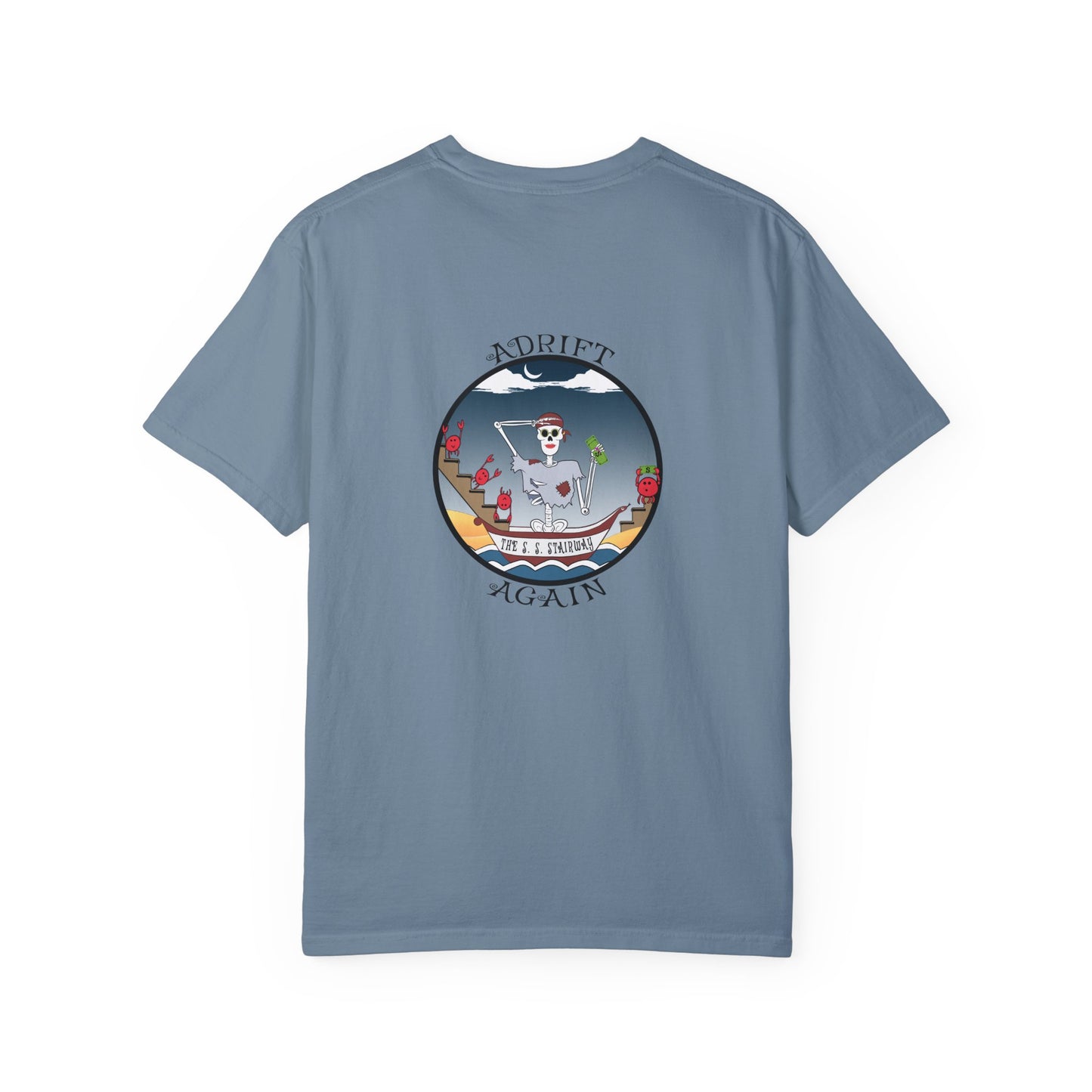 The S. S. Stairway, Unisex Garment-Dyed, Short Sleeve T-shirt, In Blue Jean, Black, Ice Blue, White & Midnight
