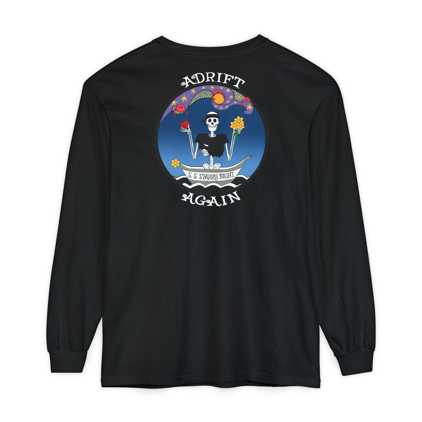 S. S. Starry Night, Unisex Garment-dyed Long Sleeve T-Shirt, Flo Blue, Orchid, Violet, Butter, Melon, White, Granite & Black