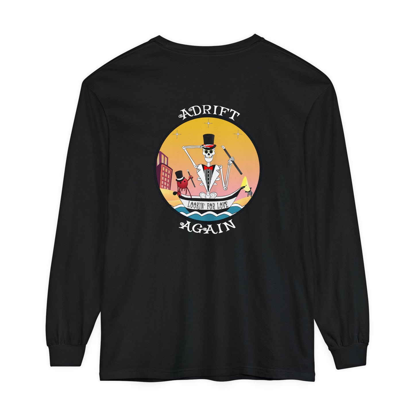 Lookin' For Love Unisex Garment-dyed Long Sleeve T-Shirt, Melon, Black & White