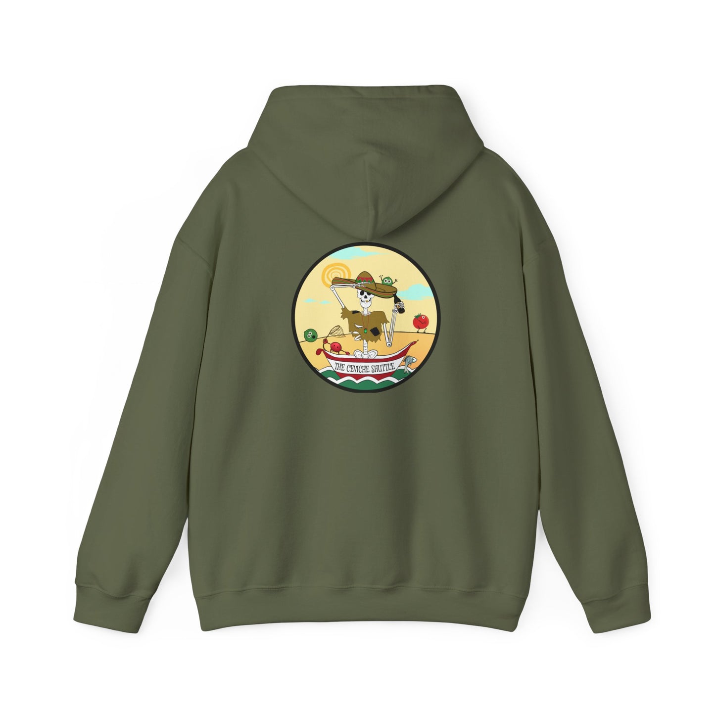 The Ceviche Shuttle, The Classic All Day Hooded Sweatshirt, In Military Green, Graphite Heather, Indigo Blue, Heather Sport Dark Navy, Antique Cherry Red, Safety Orange, Orange & Sand