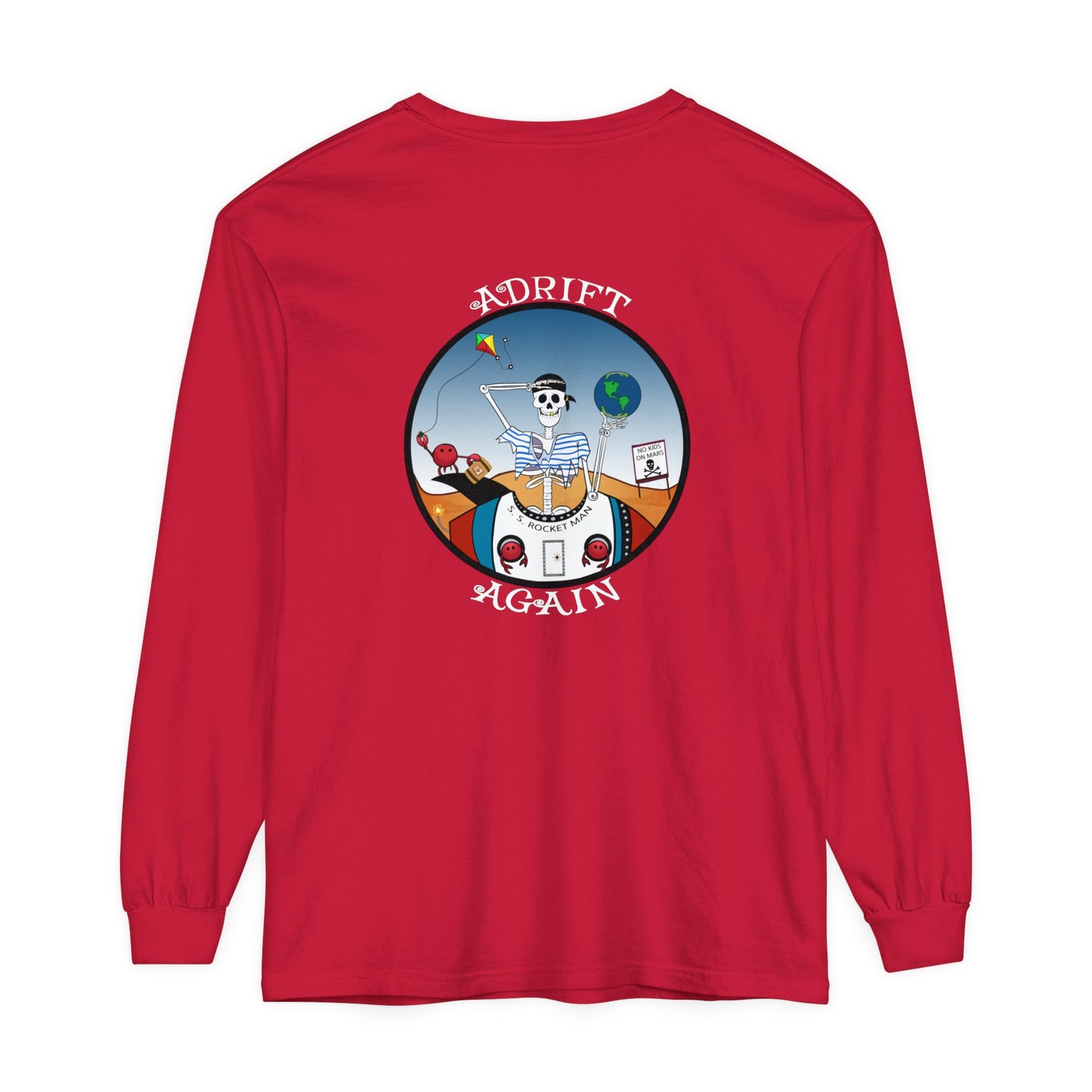 S. S. Rocket Man Unisex Garment-dyed Long Sleeve T-Shirt, Black, Red, White & Chambray