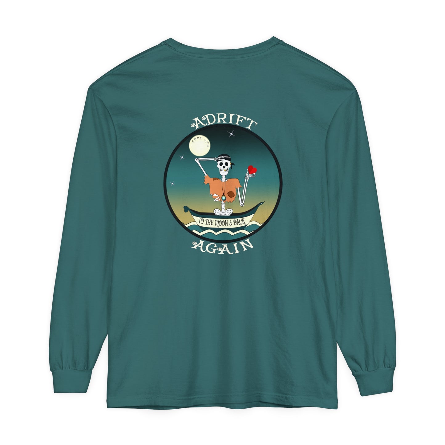 I Love You To The Moon & Back Unisex Garment-dyed Long Sleeve T-Shirt, in Seafoam, Black, & Blue Spruce
