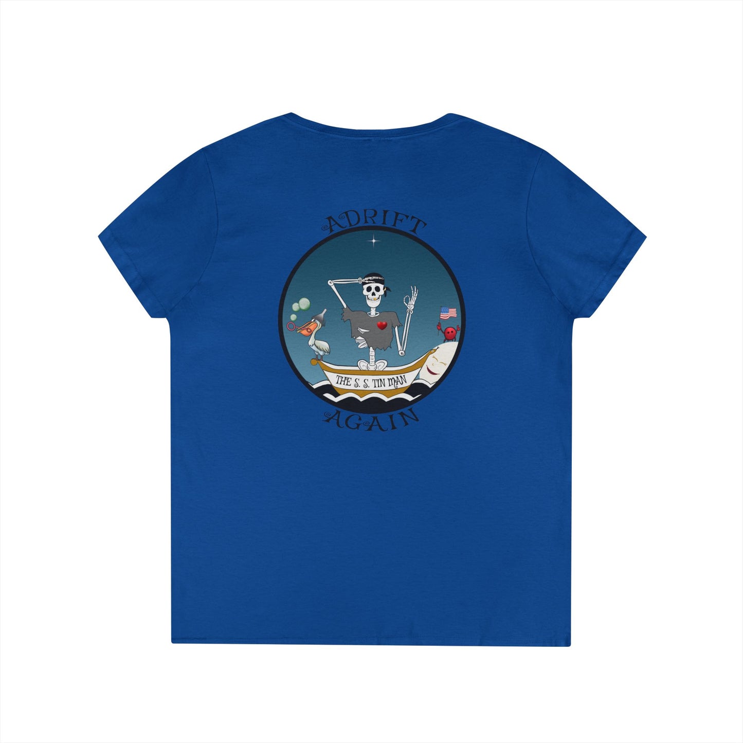 The S. S. Tin Man, Women's V-Neck T-Shirt, in White, Graphite Heather, Royal and Red
