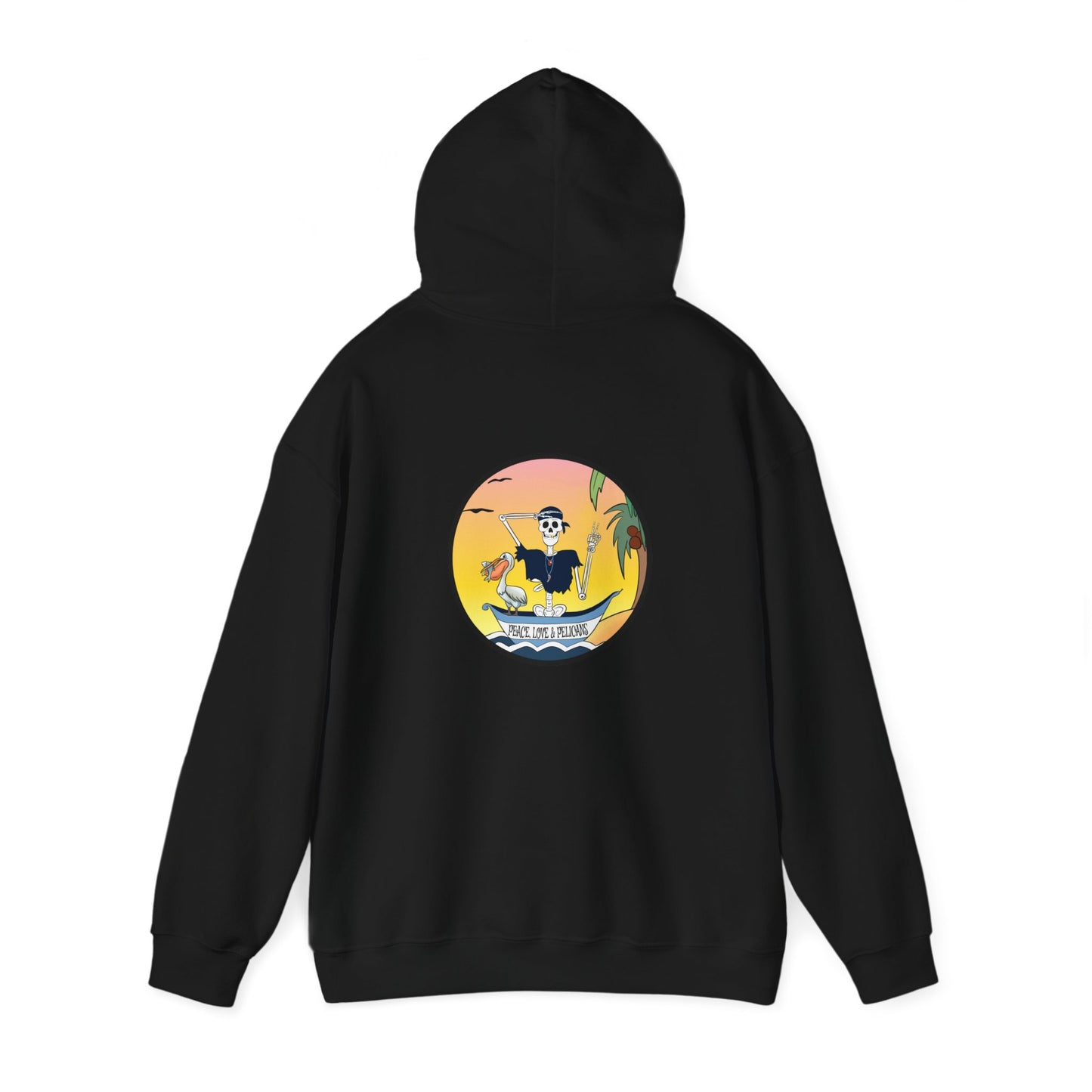 Peace, Love & Pelicans, The Classic All Day Hooded Sweatshirt, Carolina Blue, Sand, Black, White, and Navy
