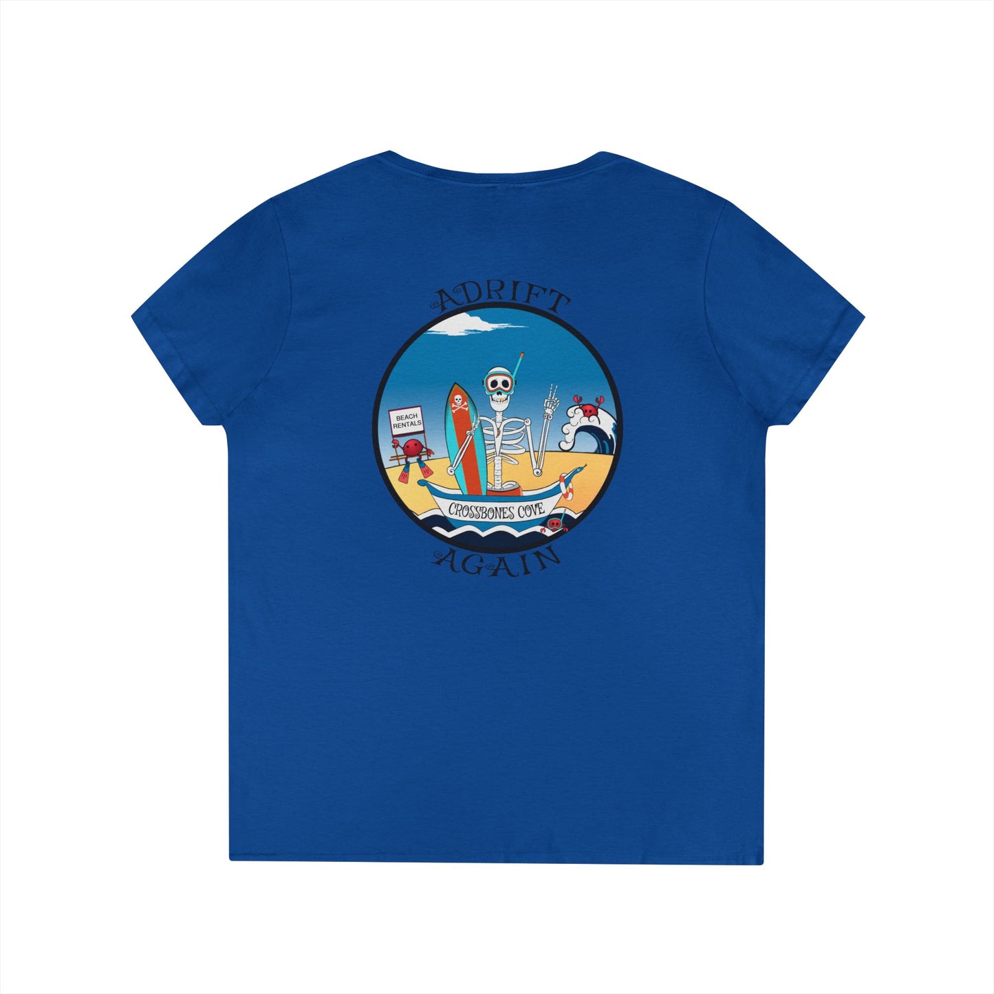 Crossbones Cove, Women's V-Neck T-Shirt, in Red, White, Graphite Heather & Royal