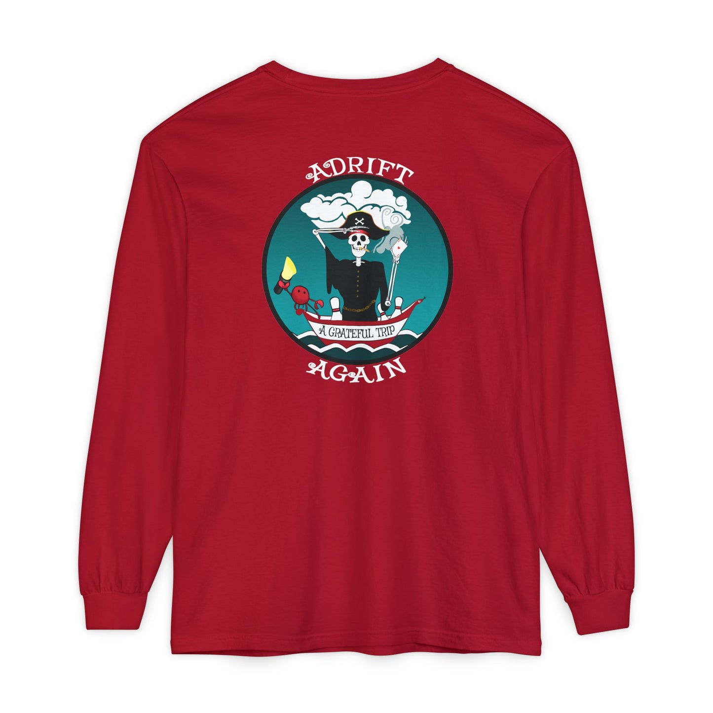 A Grateful Trip Unisex Garment-dyed Long Sleeve T-Shirt, Red, Black, Granite, White & Mint