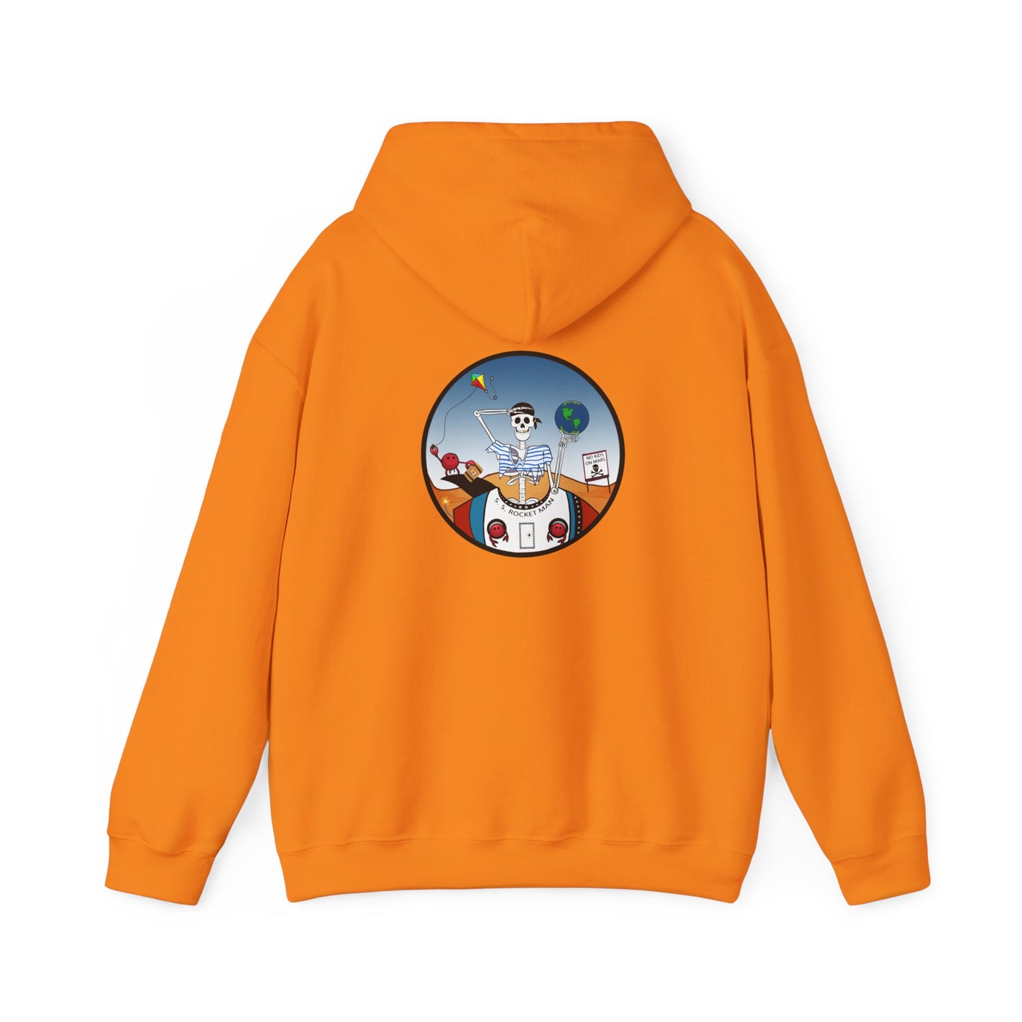 S. S. Rocket Man, The Classic All Day Hooded Sweatshirt, Safety Orange, Charry Red, Irish Green, and Light Blue