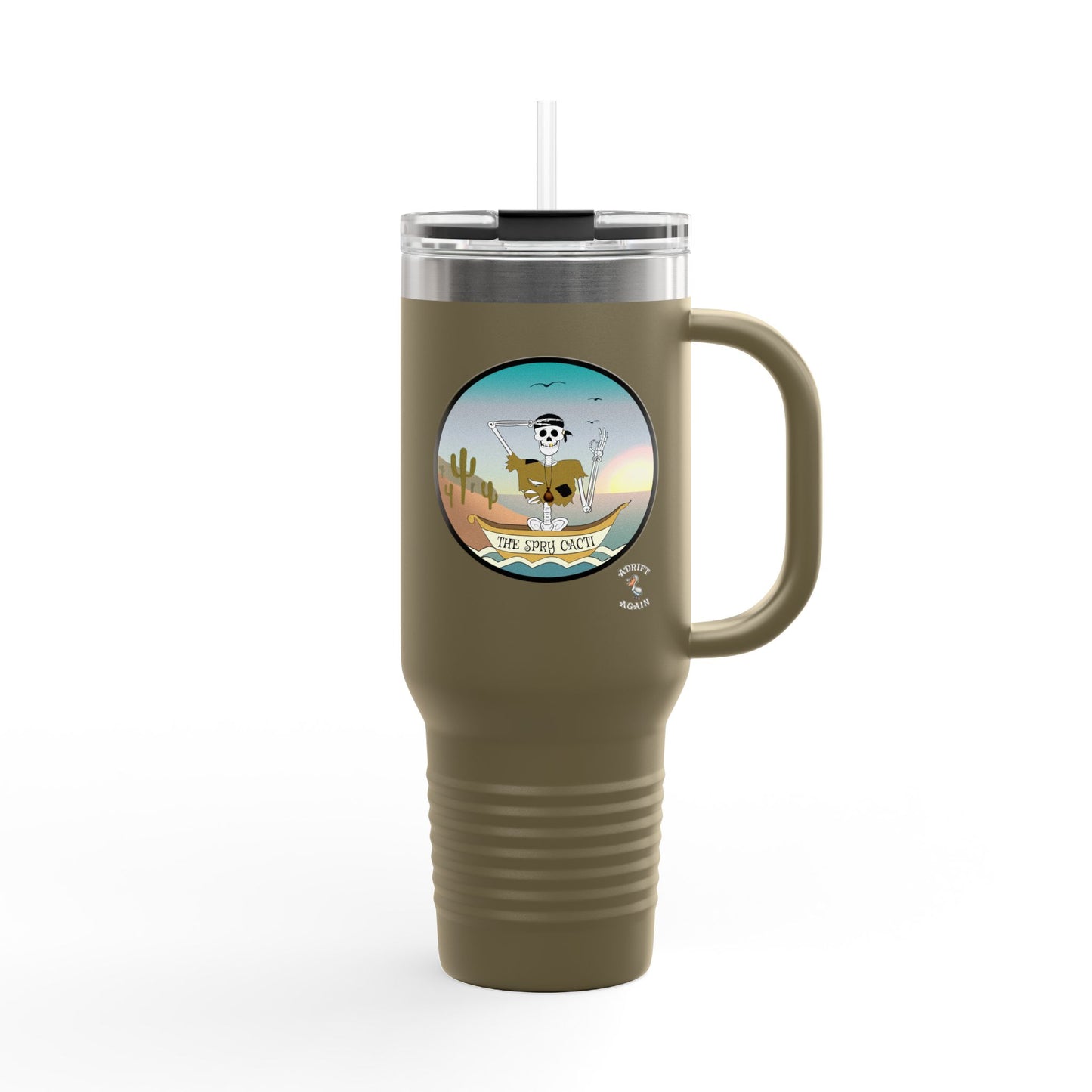 The Spry Cacti Insulated Travel Mug, 40oz, In Olive Green