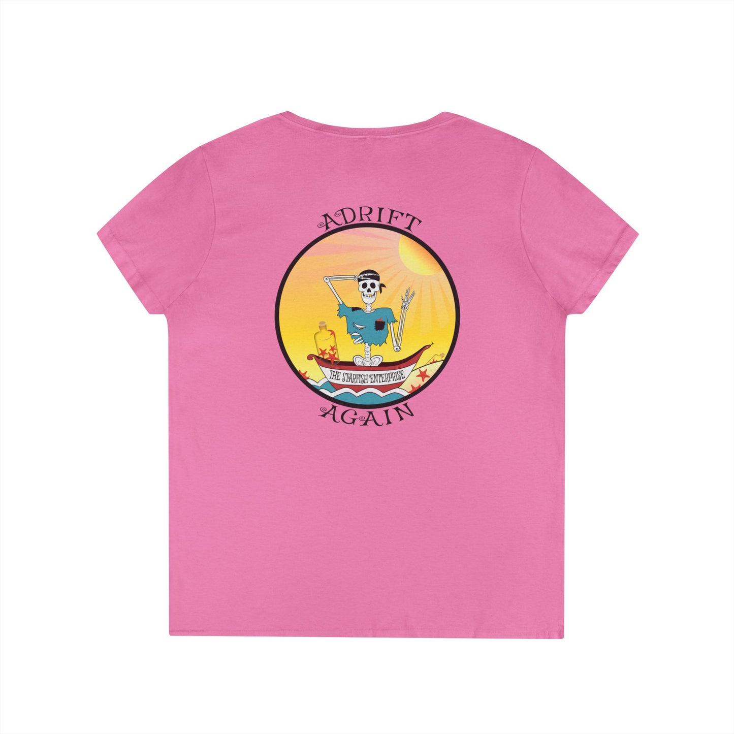 The Starfish Enterprise, Women's V-Neck T-Shirt, in White, Sport Grey, Sapphire & Azalea