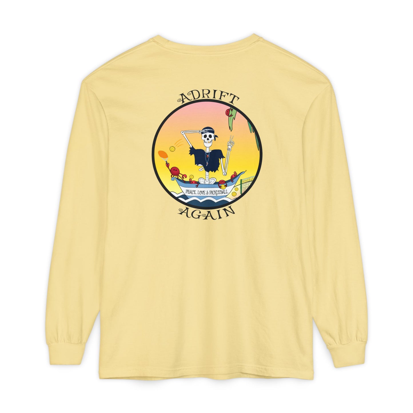 Peace, Love & Pickleball Unisex Garment-dyed Long Sleeve T-Shirt, Light Green, Blue Jean, Black, Butter & True Navy