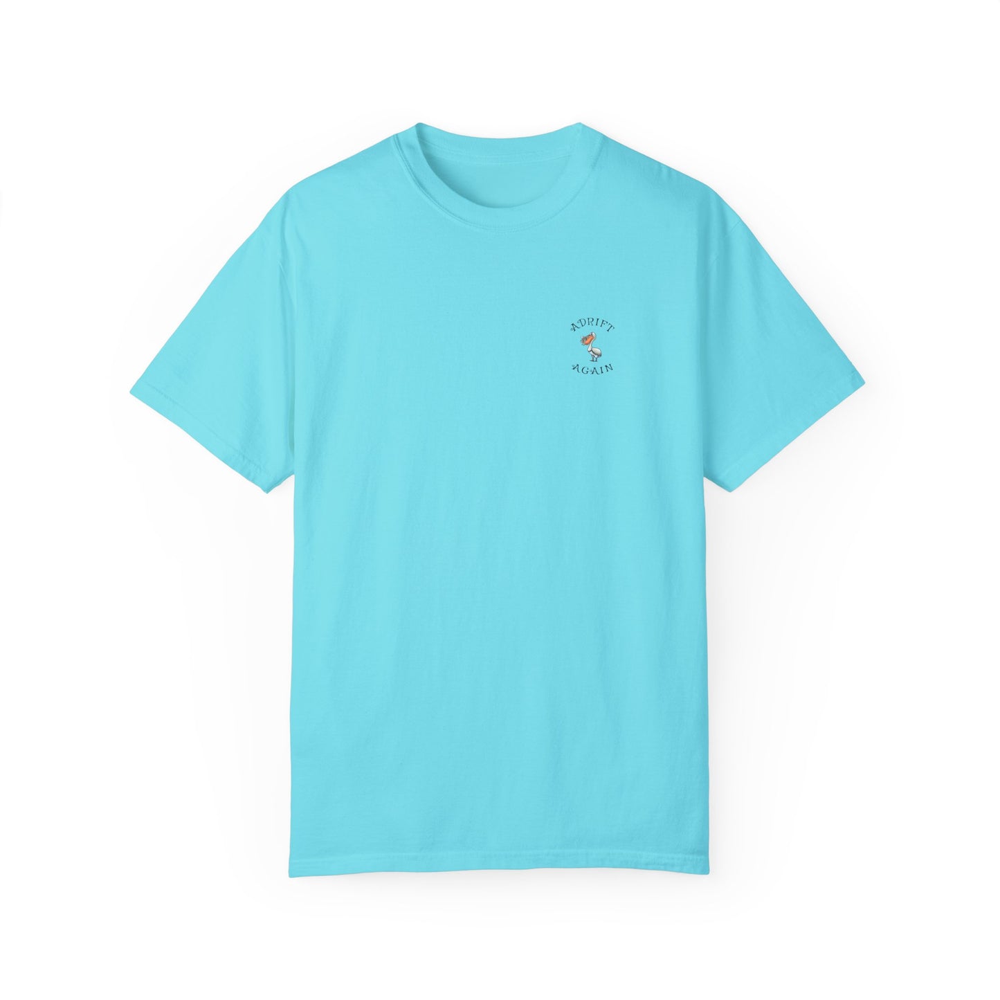 Pelican Coffee Co., Unisex Garment-Dyed, Short Sleeve T-shirt, In Lagoon Blue, Black, Terracotta & White