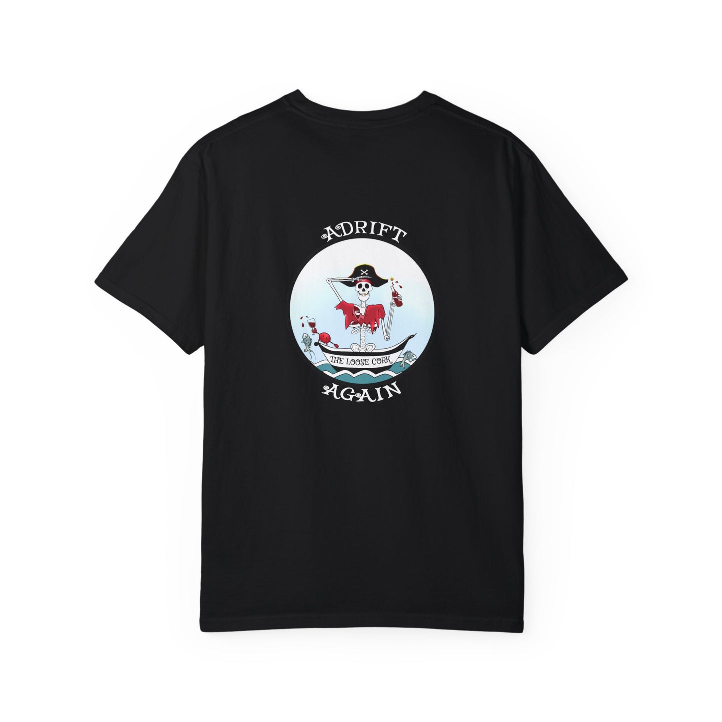 The Loose Cork, Unisex Garment-Dyed, Short Sleeve T-shirt, In Topaz Blue, Chambray, White, Black & Red