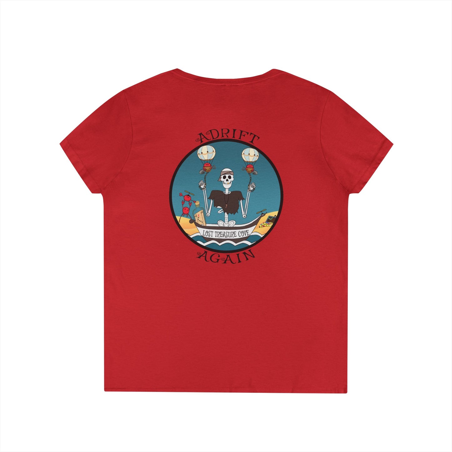 Lost Treasure Cove, Women's V-Neck T-Shirt, in Sport Grey, White & Red
