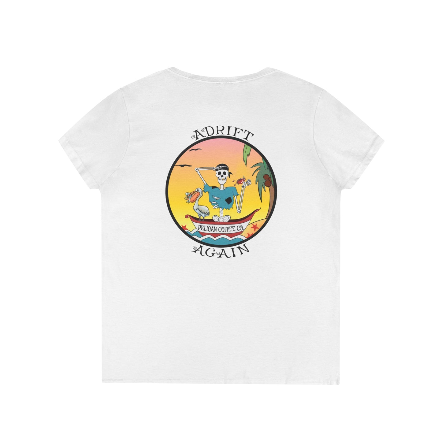 Pelican Coffee Co. Women's V-Neck T-Shirt, in Sapphire, White, Red, Graphite Heather & Coral Silk